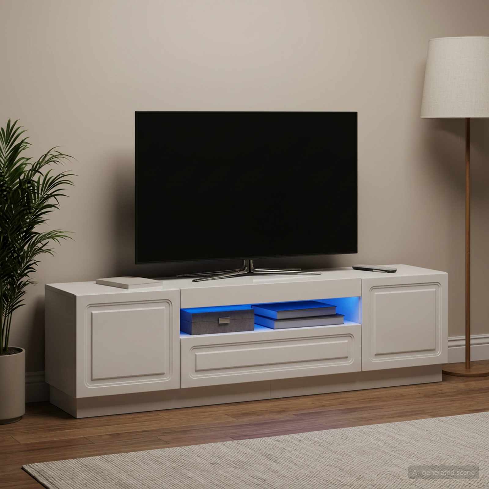 LED TV-kaappi Korkeakiiltoinen valkoinen Tekninen puu