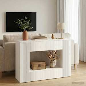 Konzolna miza Črtasto Visok Sijaj Bel 101 x 29 x 74 cm