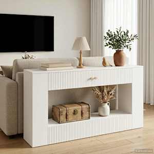 Konzolna miza Črtasto Visok Sijaj Bel 155 x 29 x 74 cm