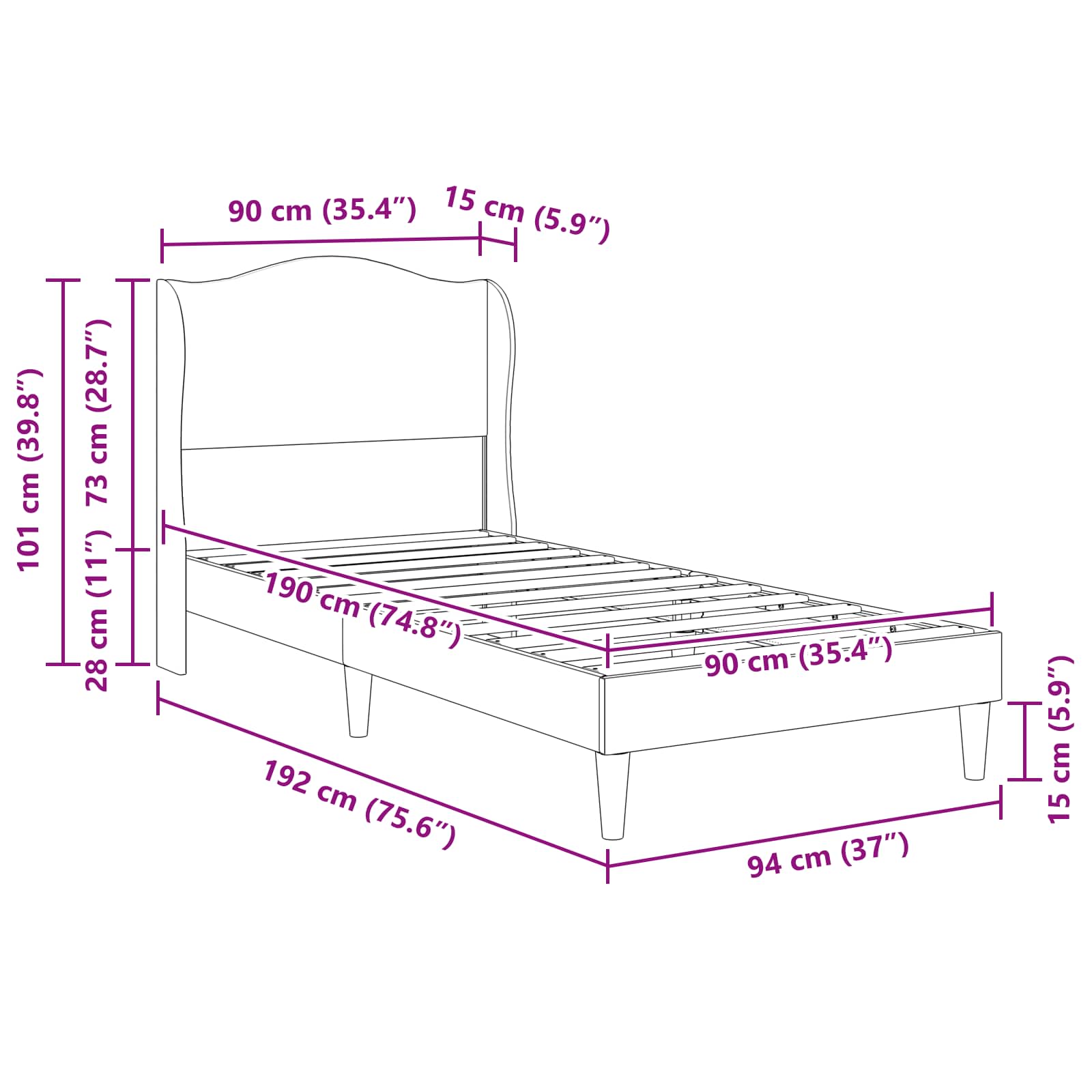 Bed Frame Faux Leather size guide