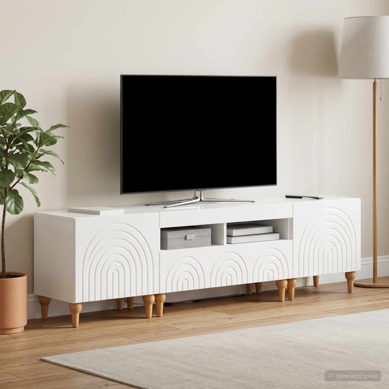 3-delni LED TV omarica Bela visok sijaj Inženirski les