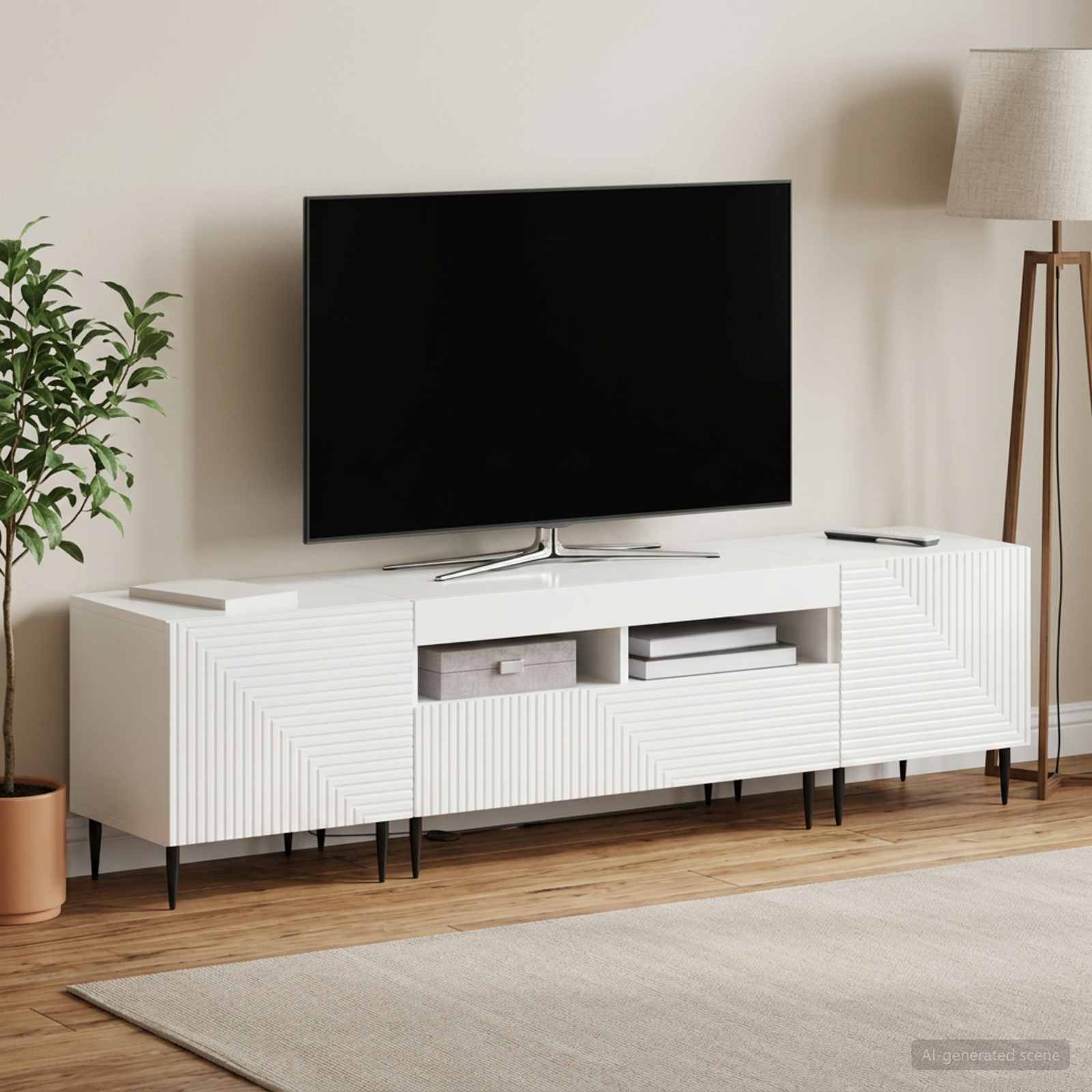 3-delni LED TV omarica Bela visok sijaj Inženirski les - slika 3