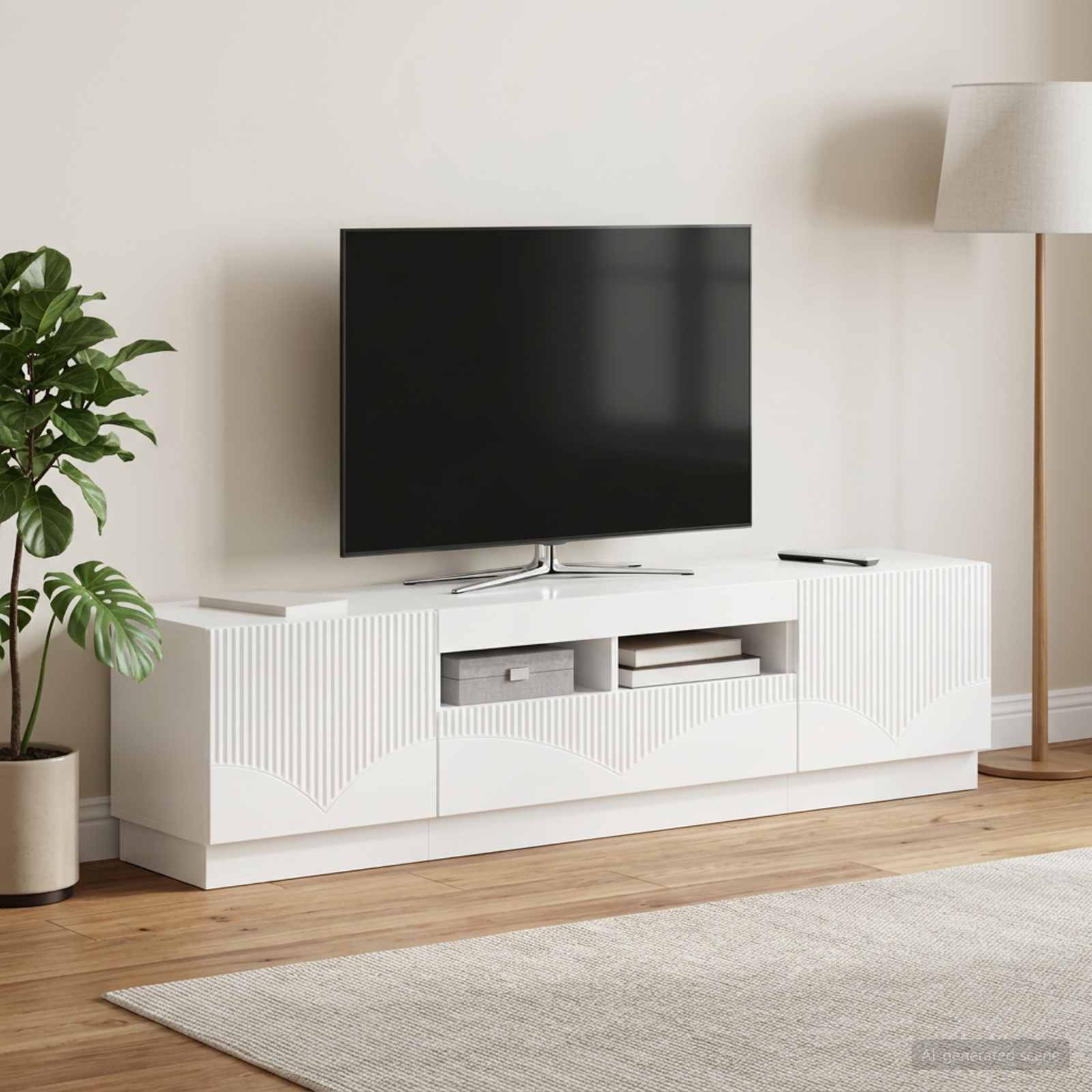 5-delna LED TV omarica Bela visok sijaj Inženirski les - slika 3