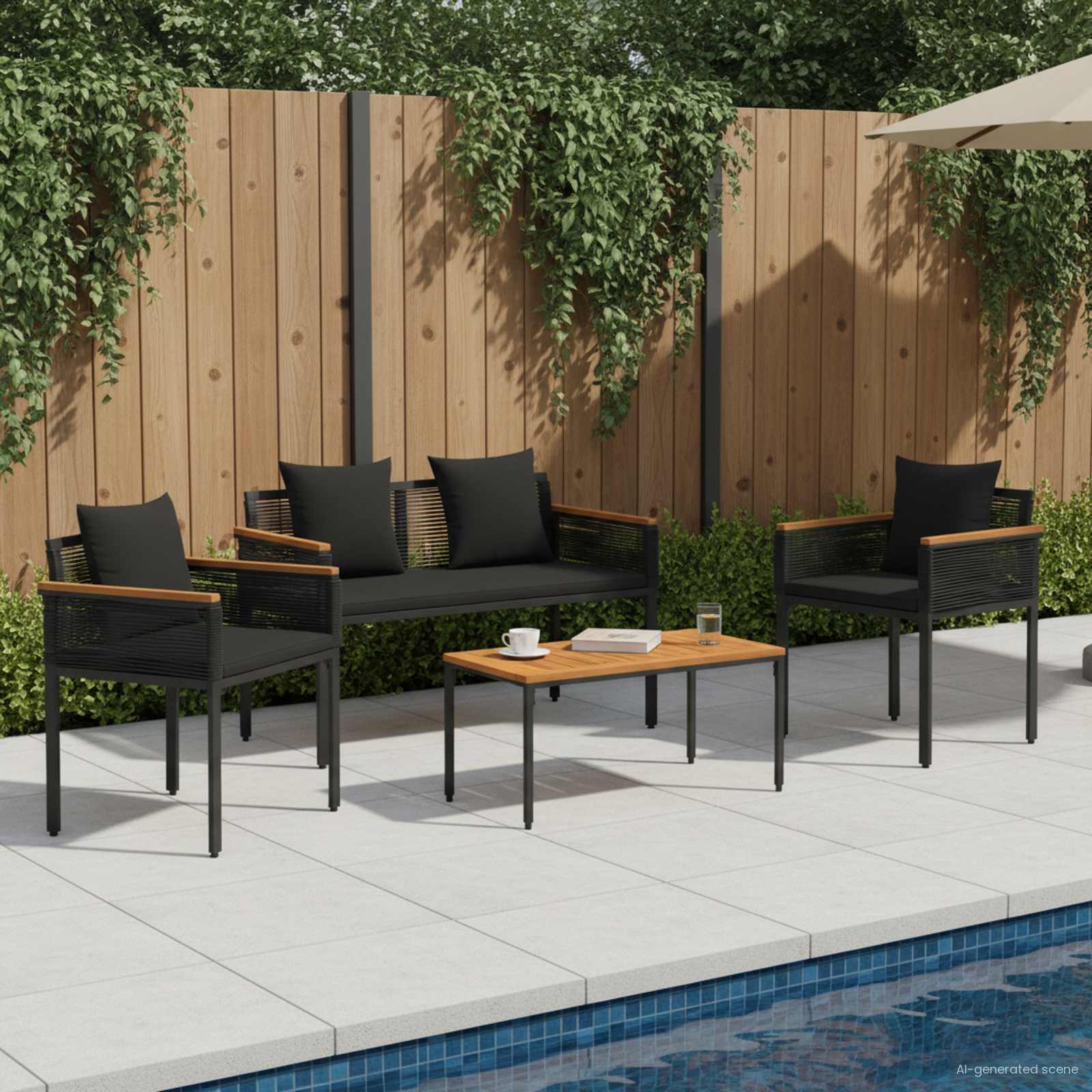 vidaXL Set de Mobilier pentru Exterior cu pernă 4 pcs Negru Ratan PE