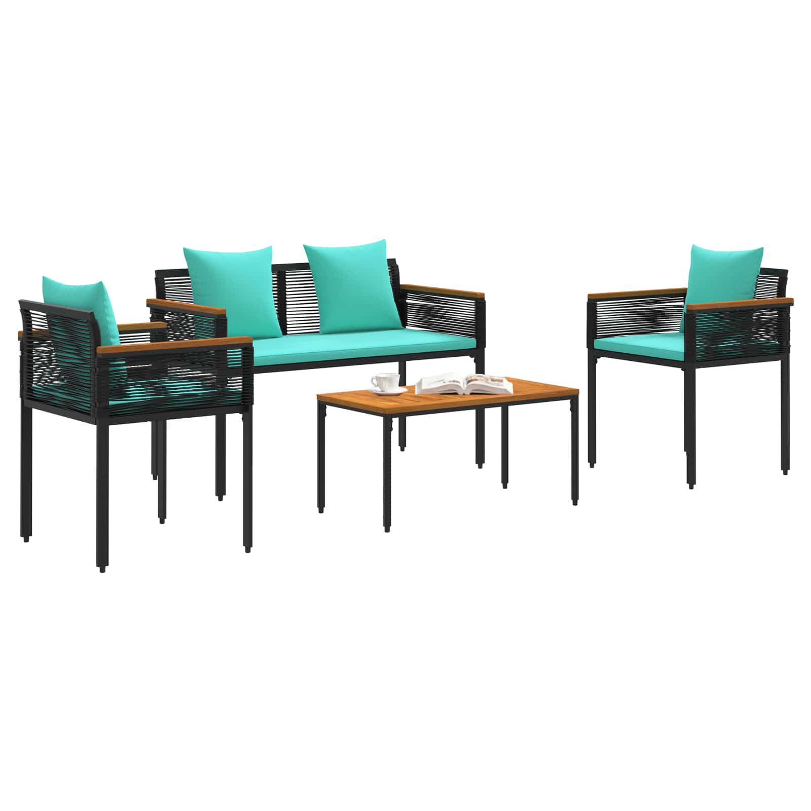 vidaXL Buitenmeubelset met kussen 4 pcs Zwart en Turquoise PE Rattan