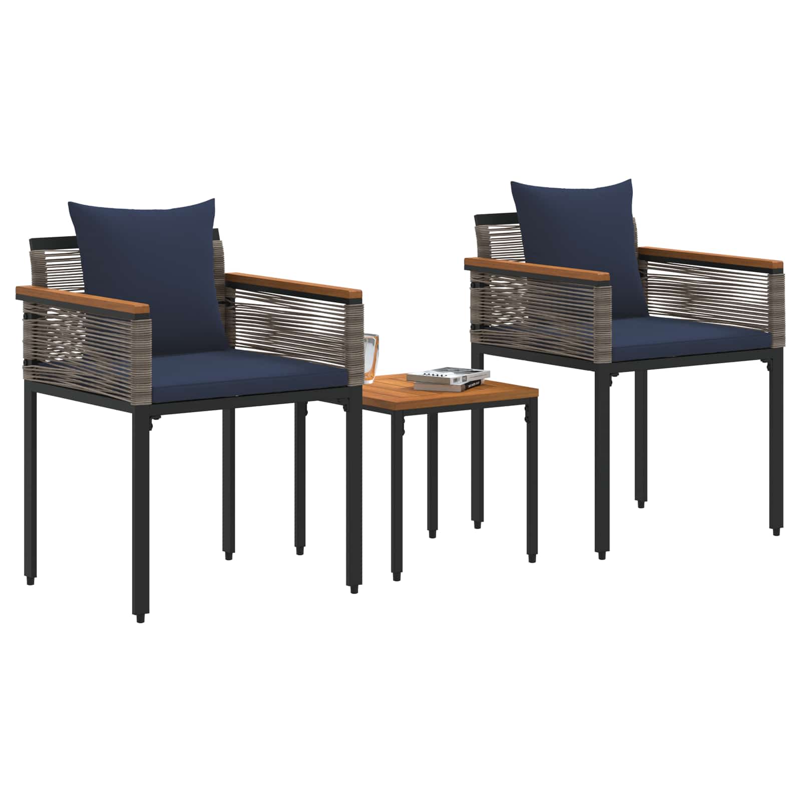 vidaXL Buitenmeubelset met kussen 3 pcs Grijs en Marineblauw PE Rattan