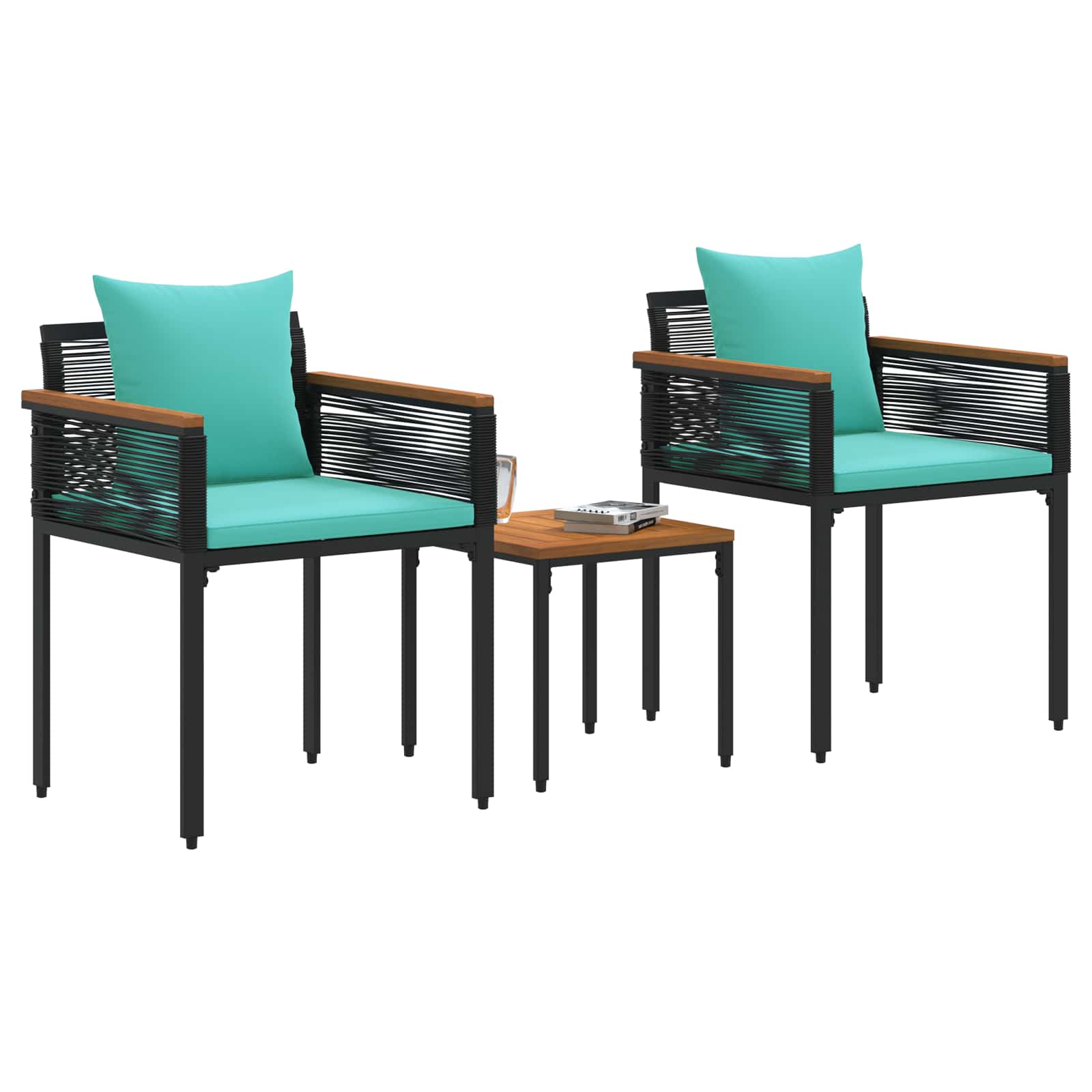vidaXL Buitenmeubelset met kussen 3 pcs Zwart en Turquoise PE Rattan