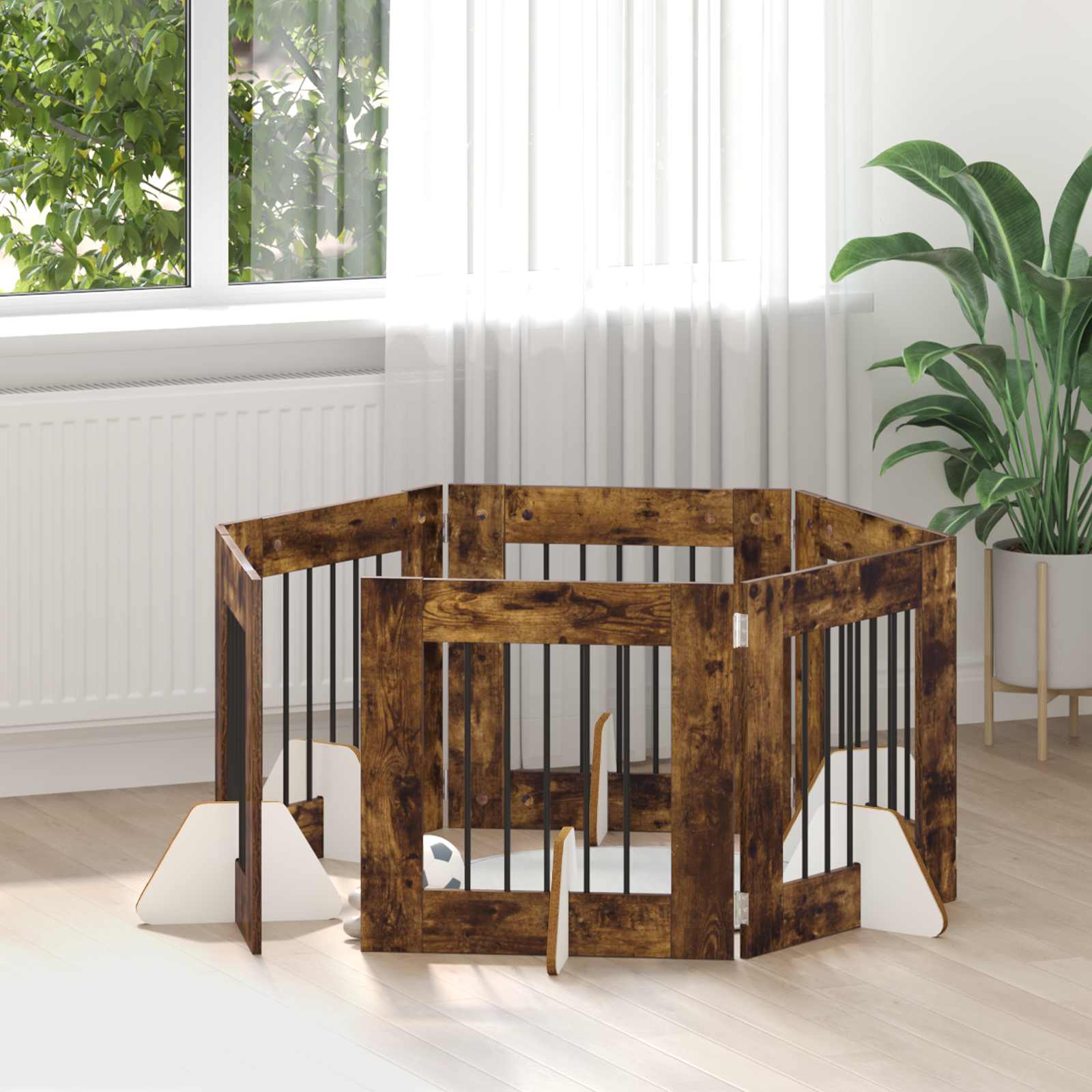 vidaXL Poartă pentru câini cu suporturi 6 pcs Stejar fumuriu