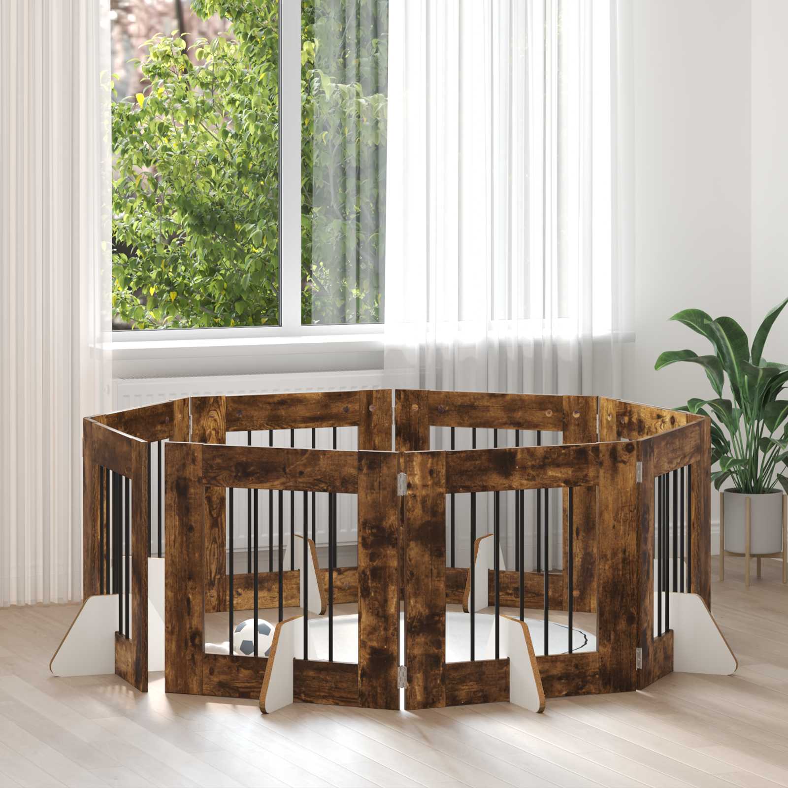 vidaXL Poartă pentru câini cu suporturi 8 pcs Stejar fumuriu