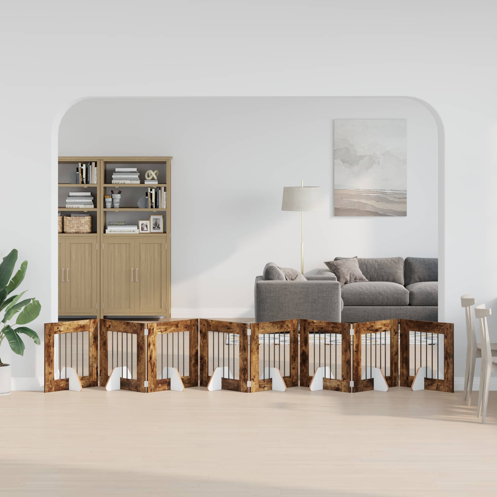 vidaXL Poartă pentru câini pliabilă cu suporturi 8 pcs Stejar fumuriu