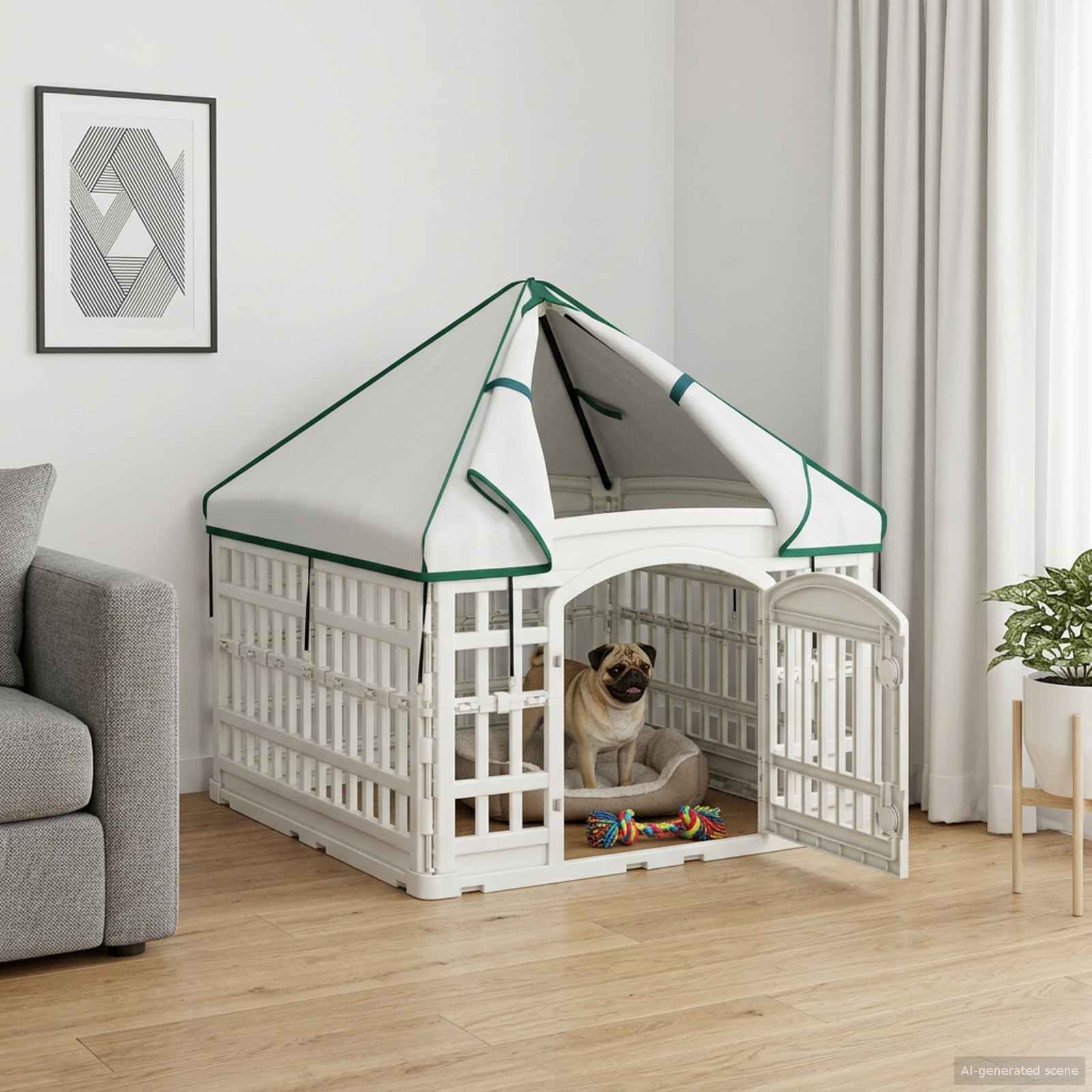vidaXL Paravan pentru câini cu 4 panouri și acoperiș Alb 88 x 58 cm