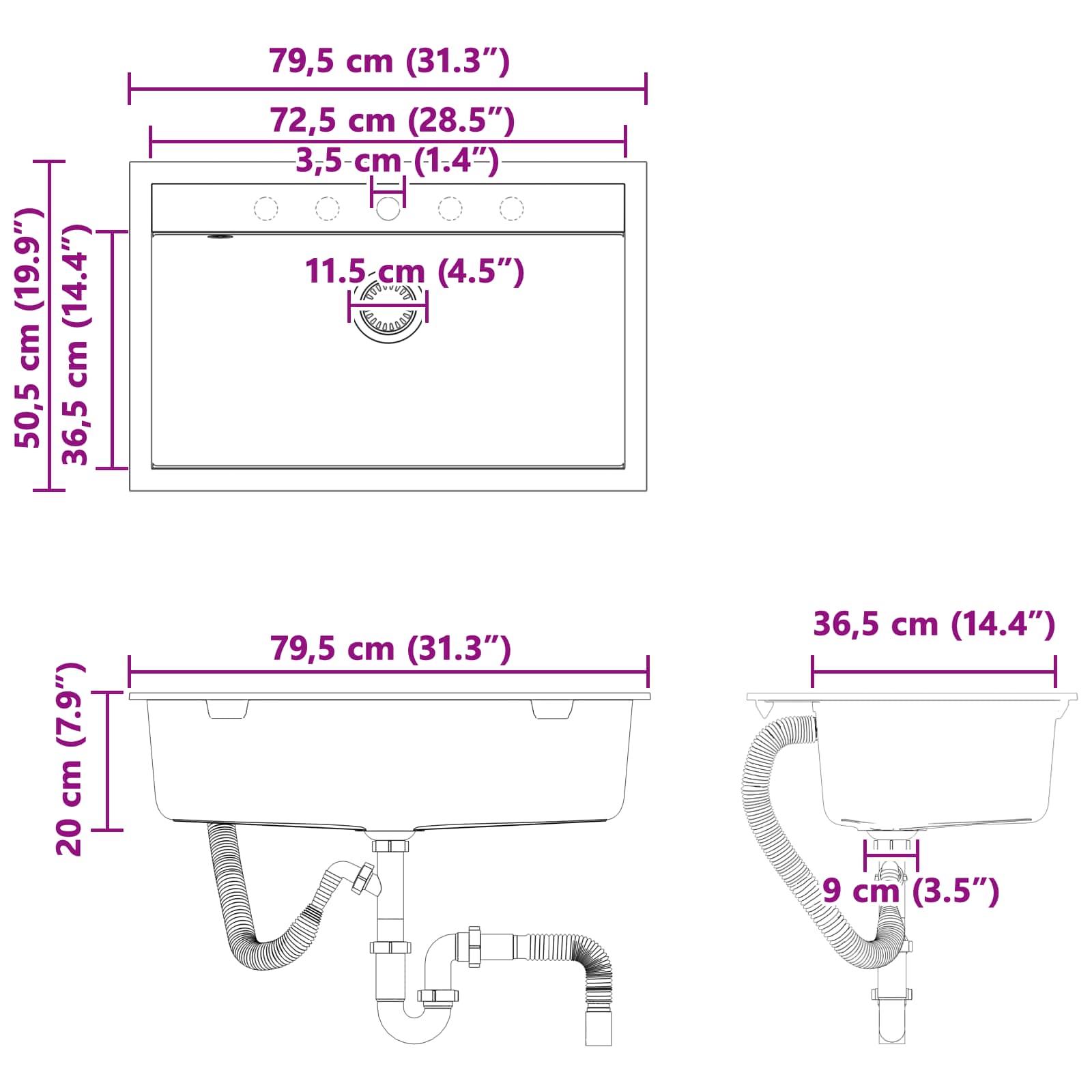 Izlietne Pelēka 795 x 505 mm Granīts