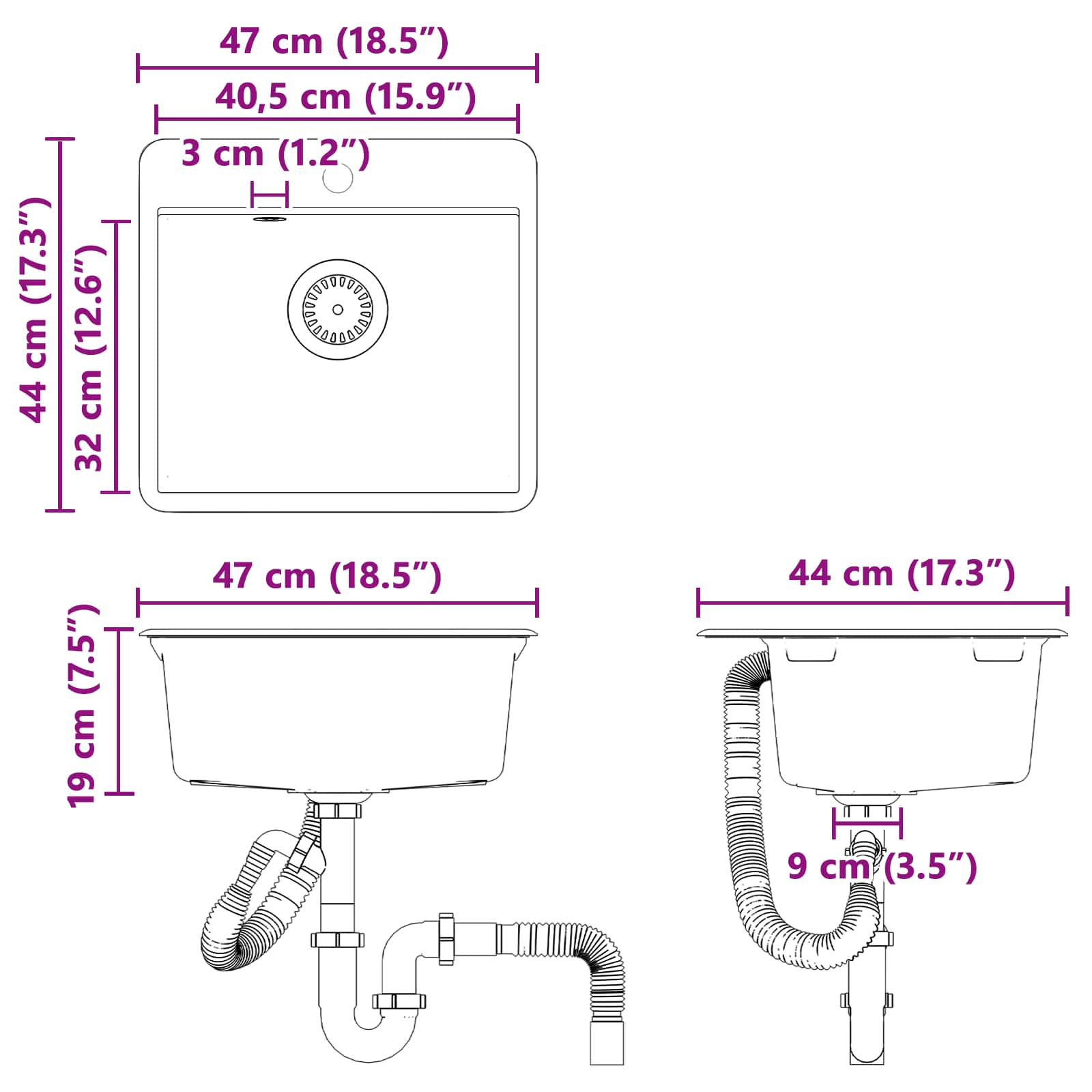 Izlietne Melna 470 x 440 mm Granīts
