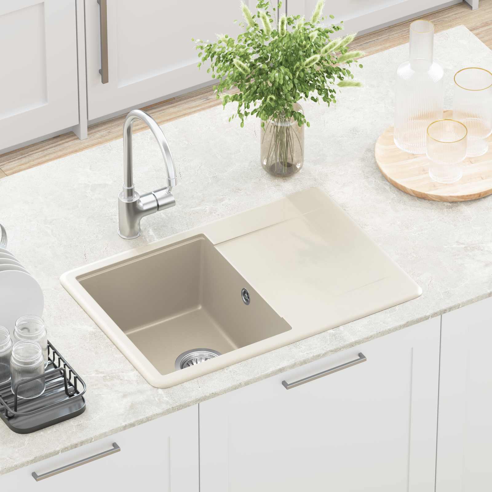 vidaXL Umivalnica Bež 670 x 460 mm 80% Kvarc in 20% Smola - slika 4
