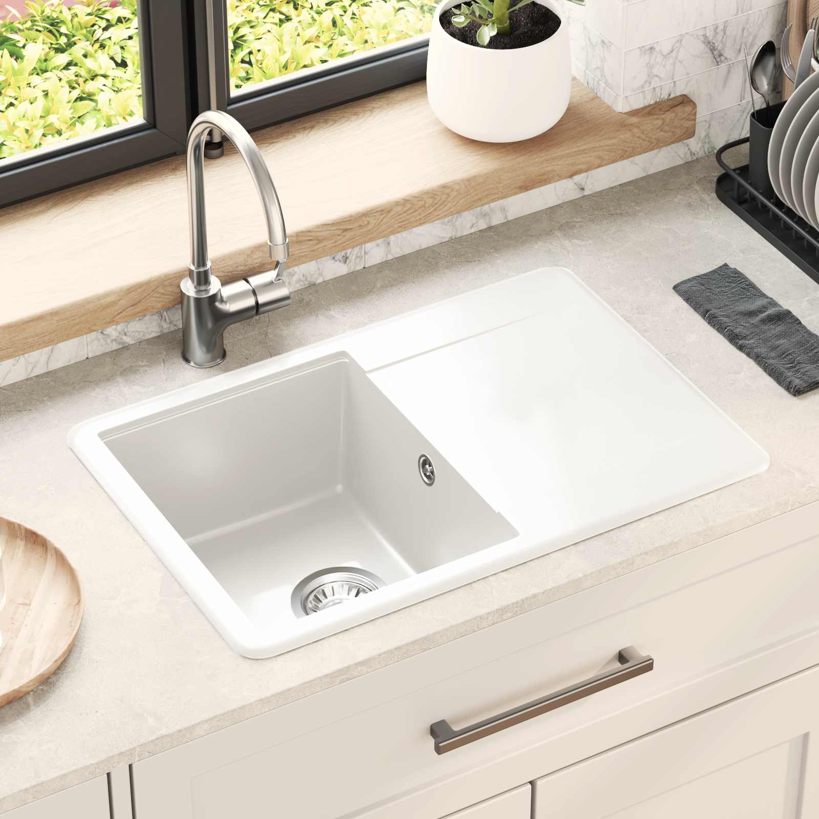 vidaXL Umivalnica Bela 670 x 460 mm 80% Kvarc in 20% Smola