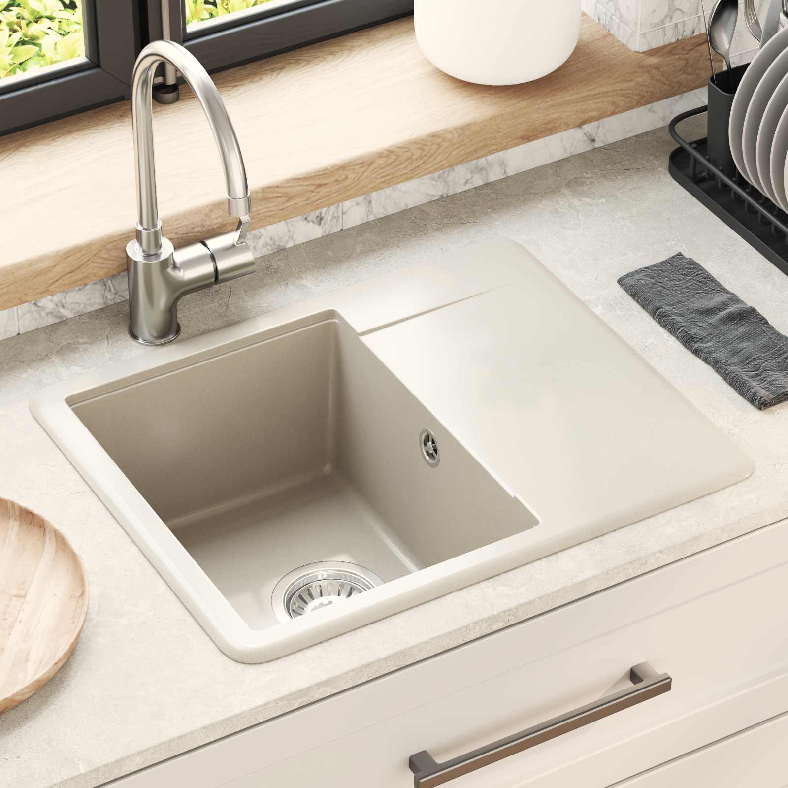 Umivalnica Bež 560 x 460 mm 80% Kvarc in 20% Smola