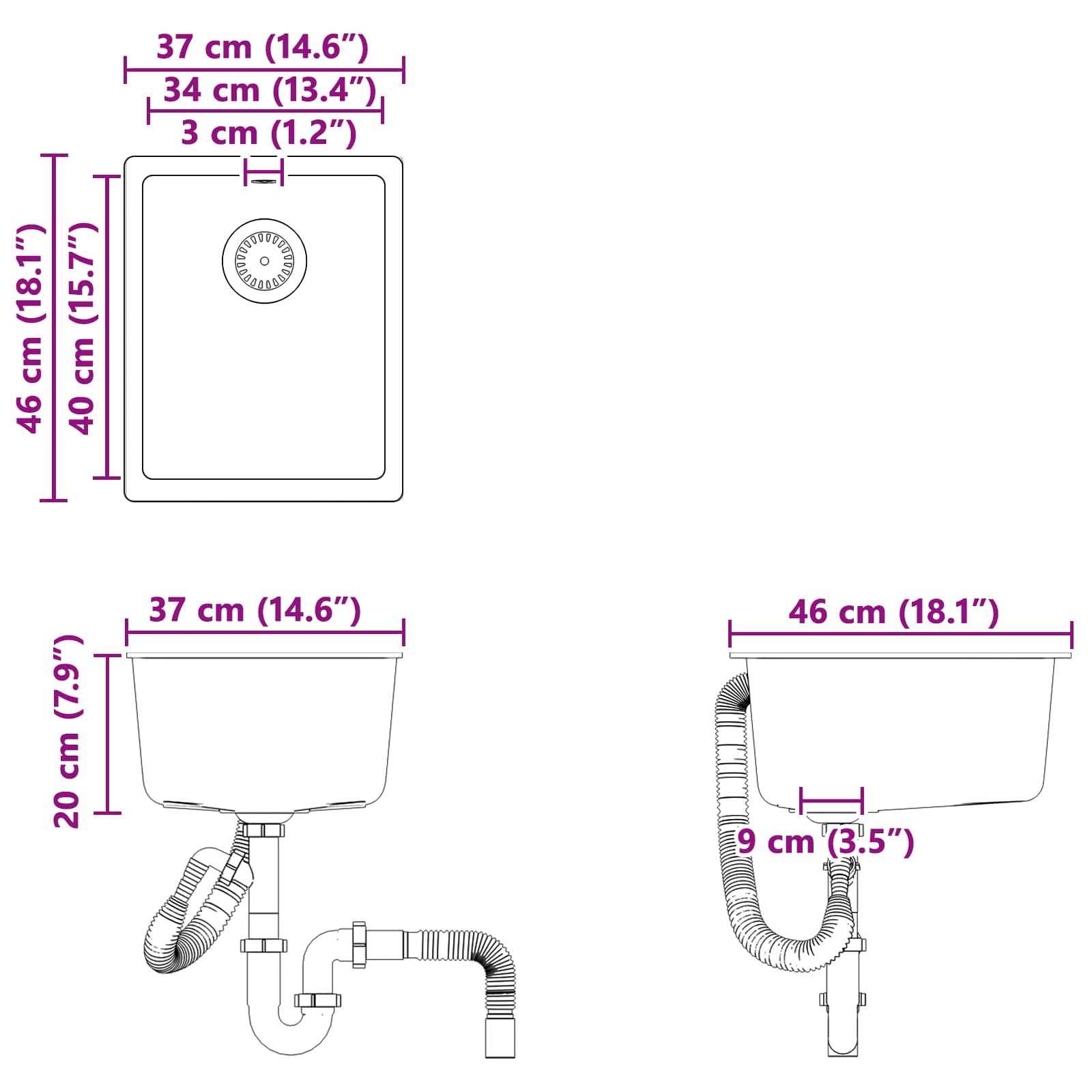Izlietne Pelēka 370 x 460 mm 80% Kvarts un 20% Sveķi