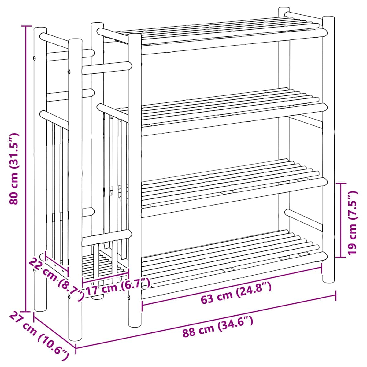 Skostativ 88 x 27 x 80 cm Bambus Naturfarvet - Billede 10