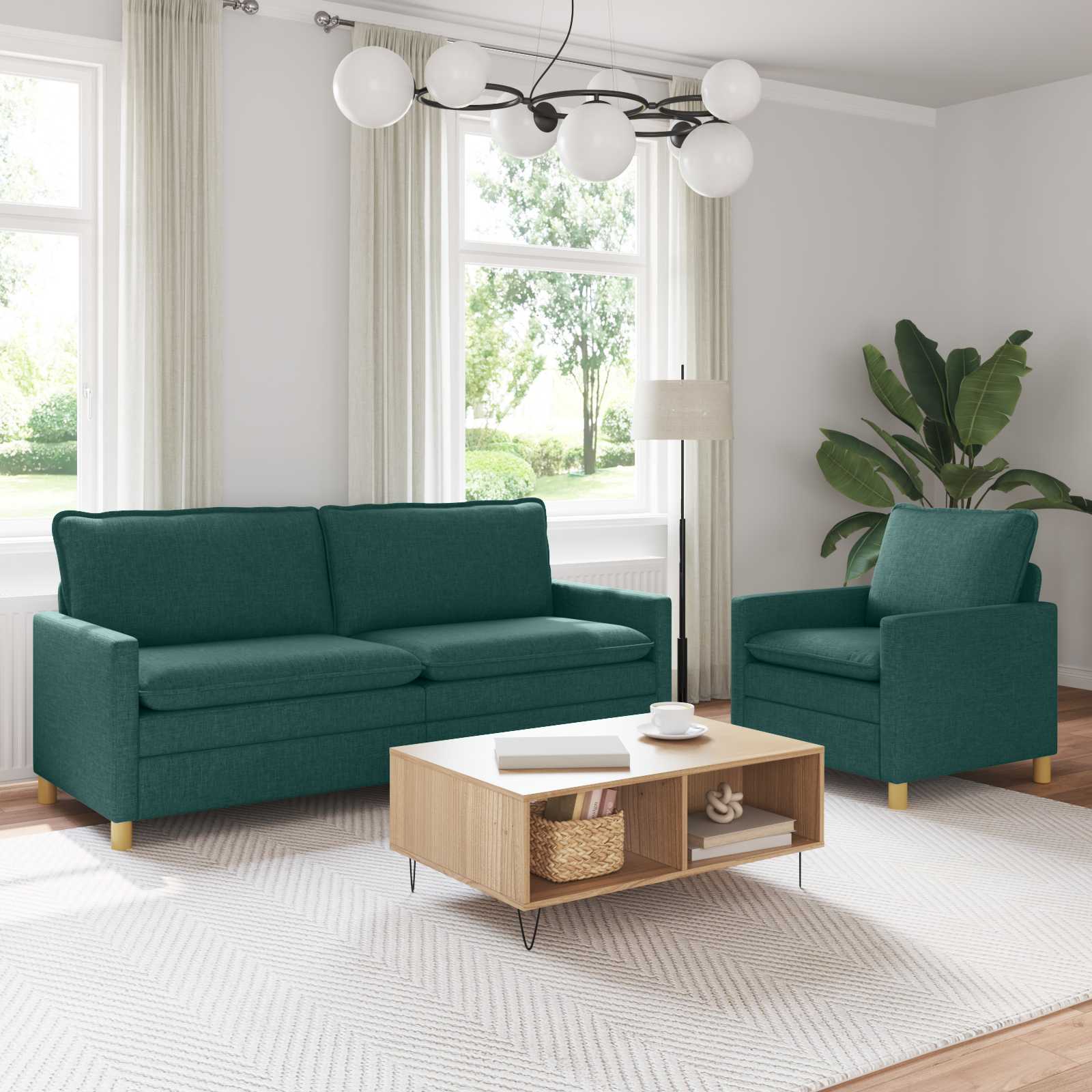 Sofasæt i mørkegrøn stof - 2 stk. med 3-personers sofa og lænestol