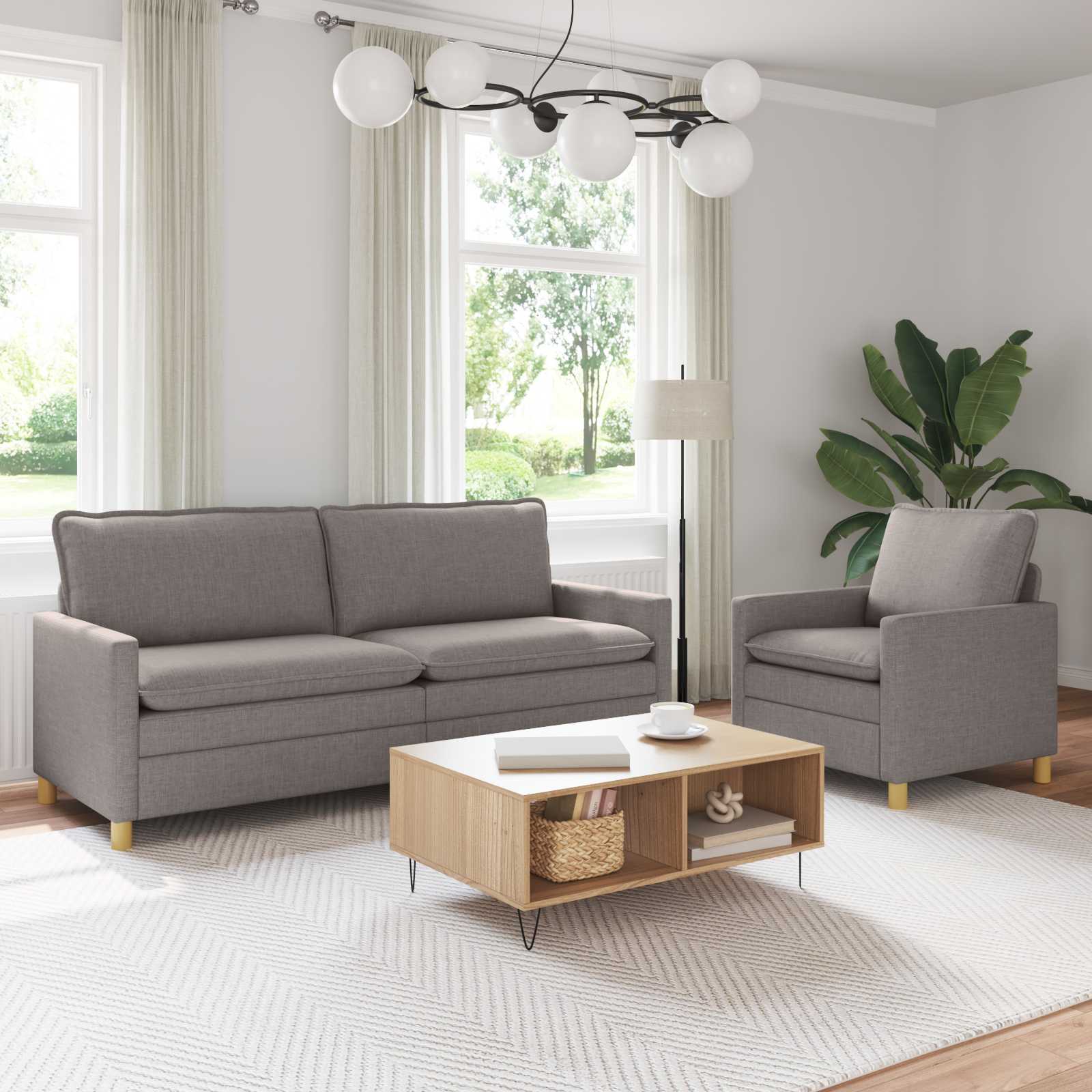 Sofasæt 2 stk. i gråbrun stof med 3-personers sofa og lænestol