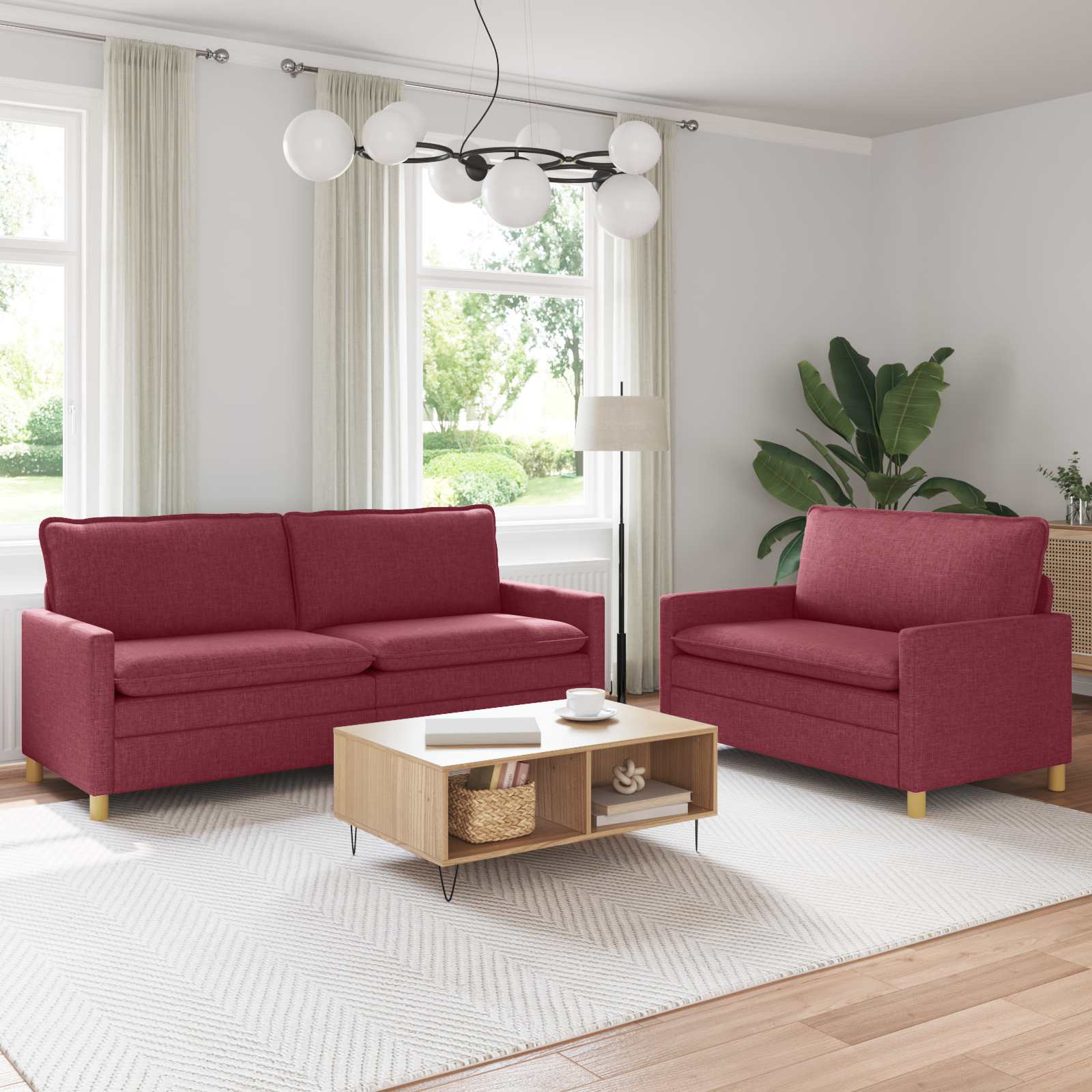 Sofasæt 2 stk. i vinrød stof med 2- og 3-personers sofa