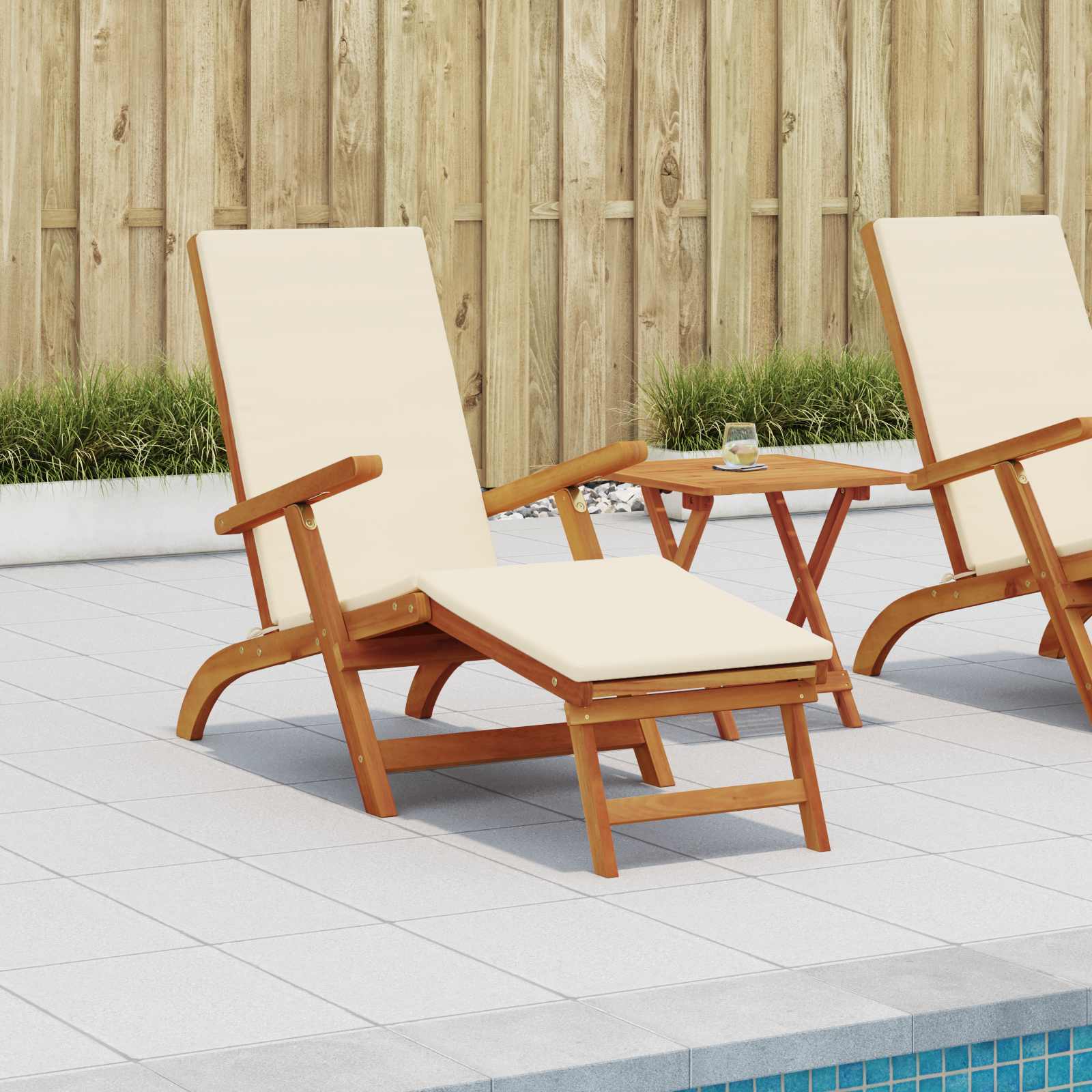 vidaXL Șezlong pliabil și culisant 2 pcs Alb crem Lemn Solid de Acacia