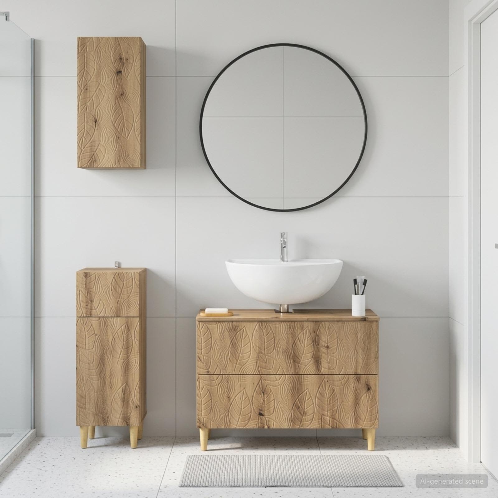 3-delige badkamerkast set DELFT Bewerkt hout – Artisanaal eiken · Bladpatroon