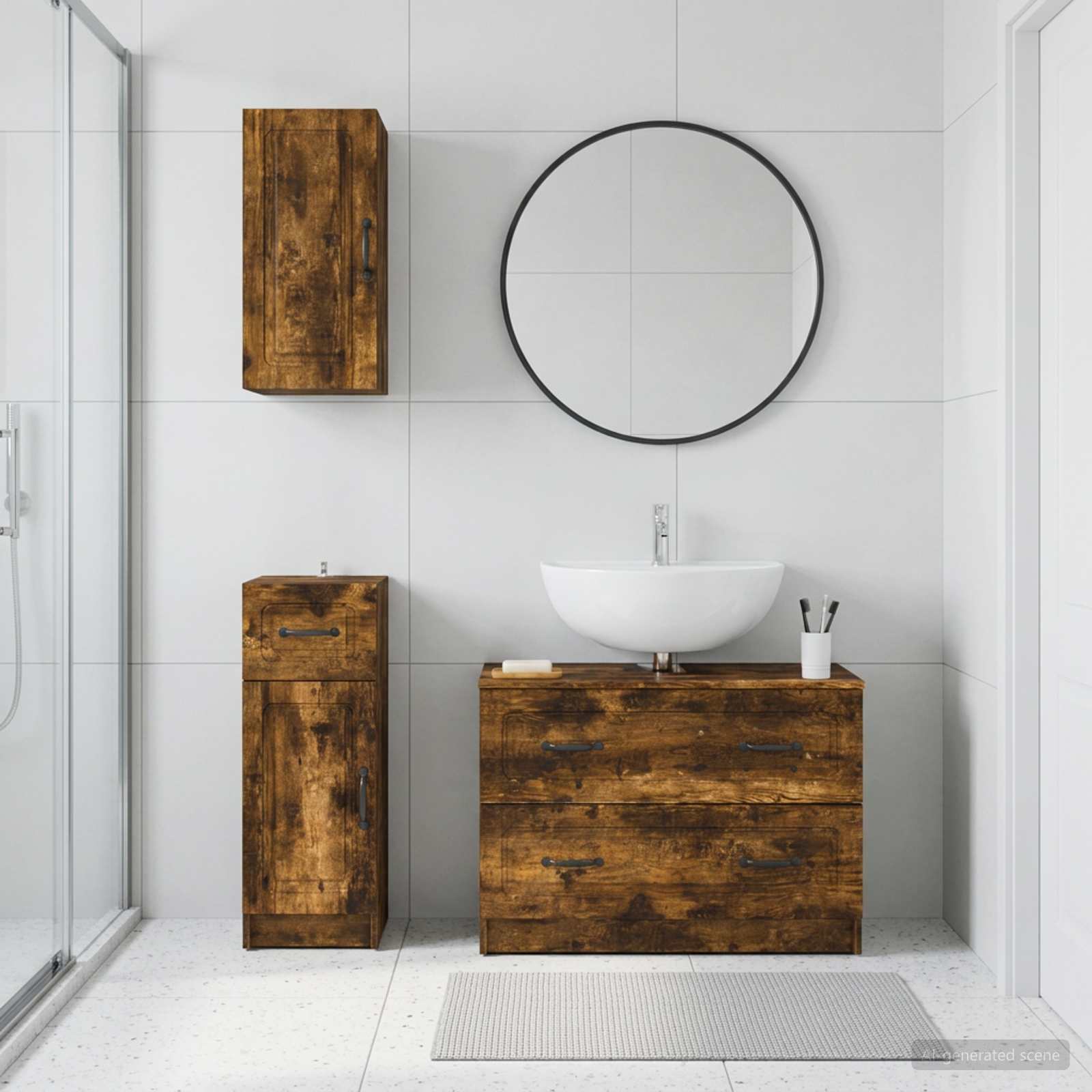 vidaXL 3-delt badeværelses skab sæt UTRECHT Røget eg Konstrueret træ