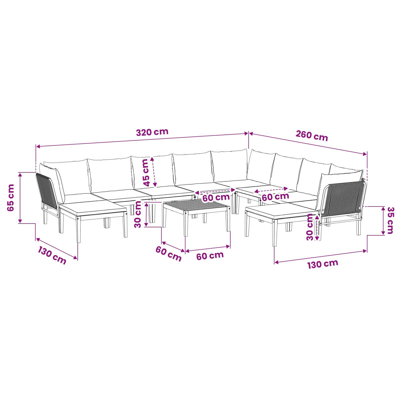 11 pcs Tuin loungeset Massief acaciahout & touw Naturel image 12
