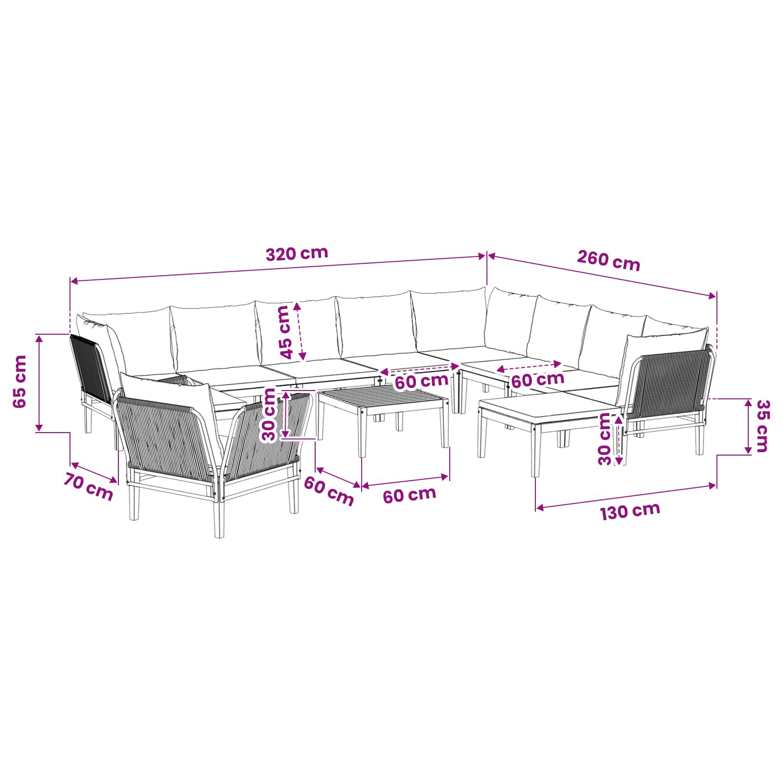 12 pcs Tuin loungeset Massief acaciahout & touw Naturel image 13