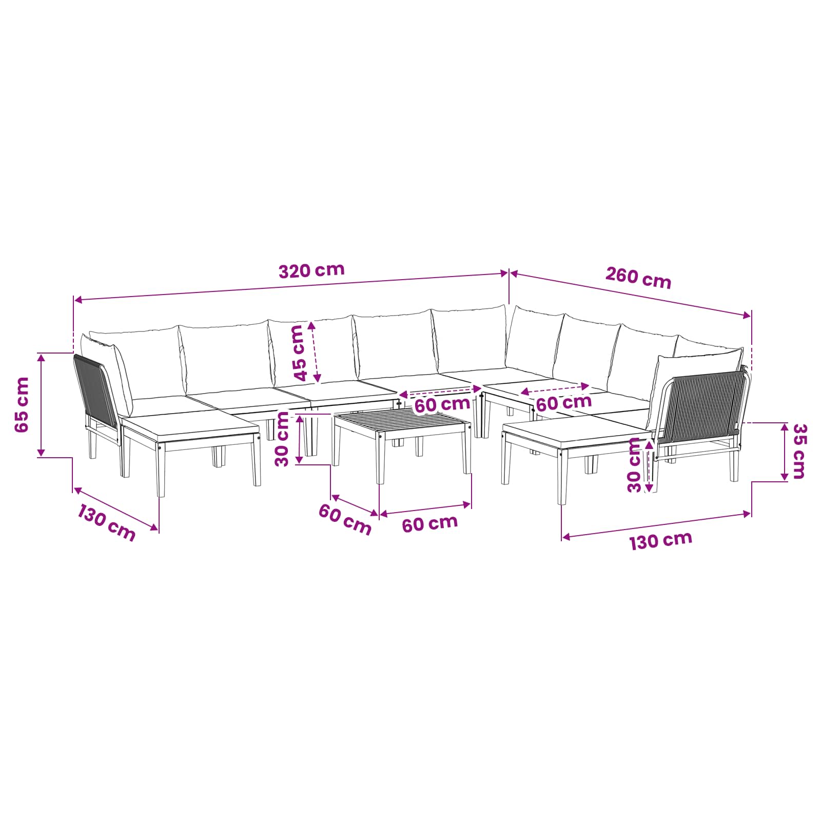 11 pcs Tuin loungeset Massief acaciahout & touw Naturel image 12