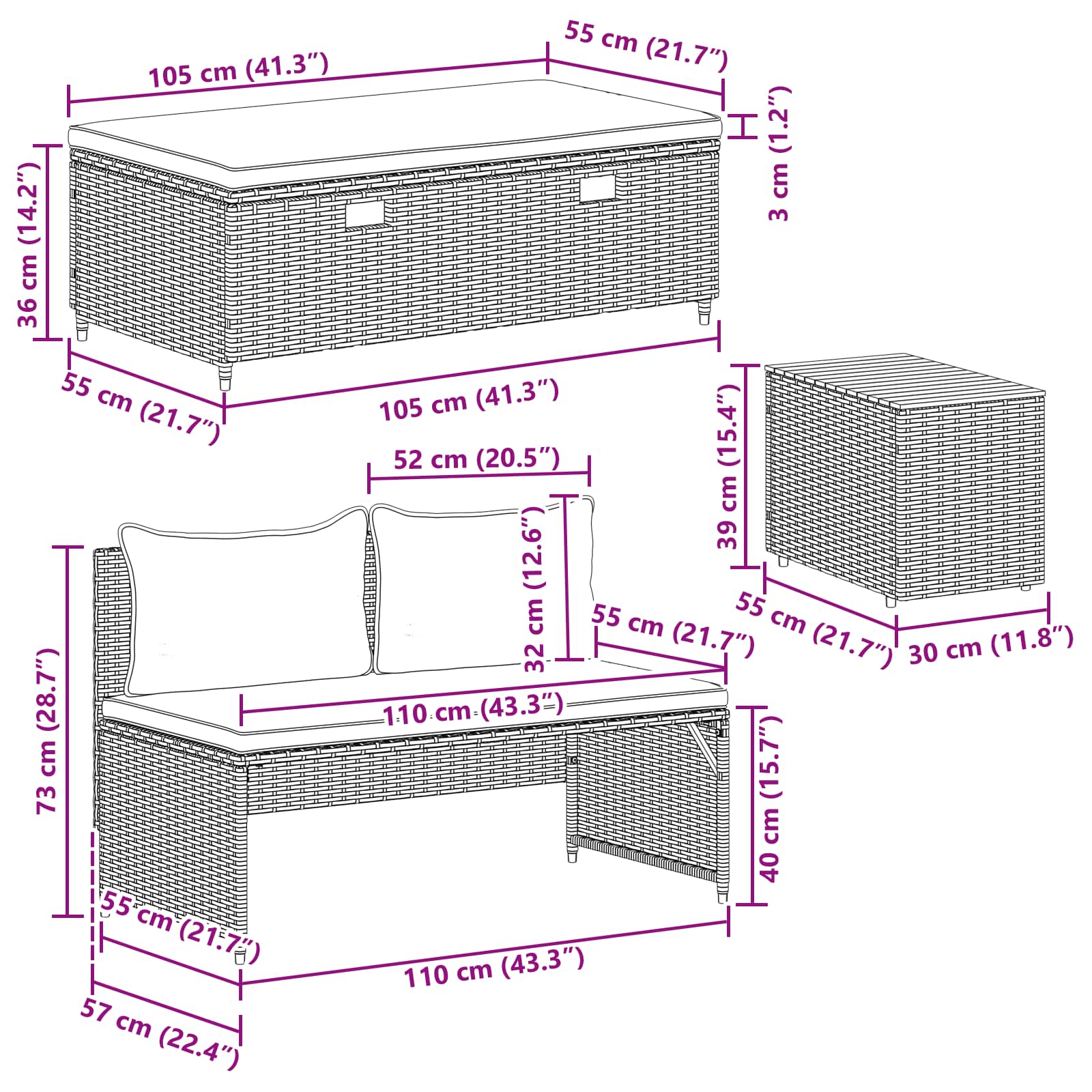 Venkovní pohovková souprava 4 -Seater 4 pcs 55 x 30 x 39 cm - obrázek 16