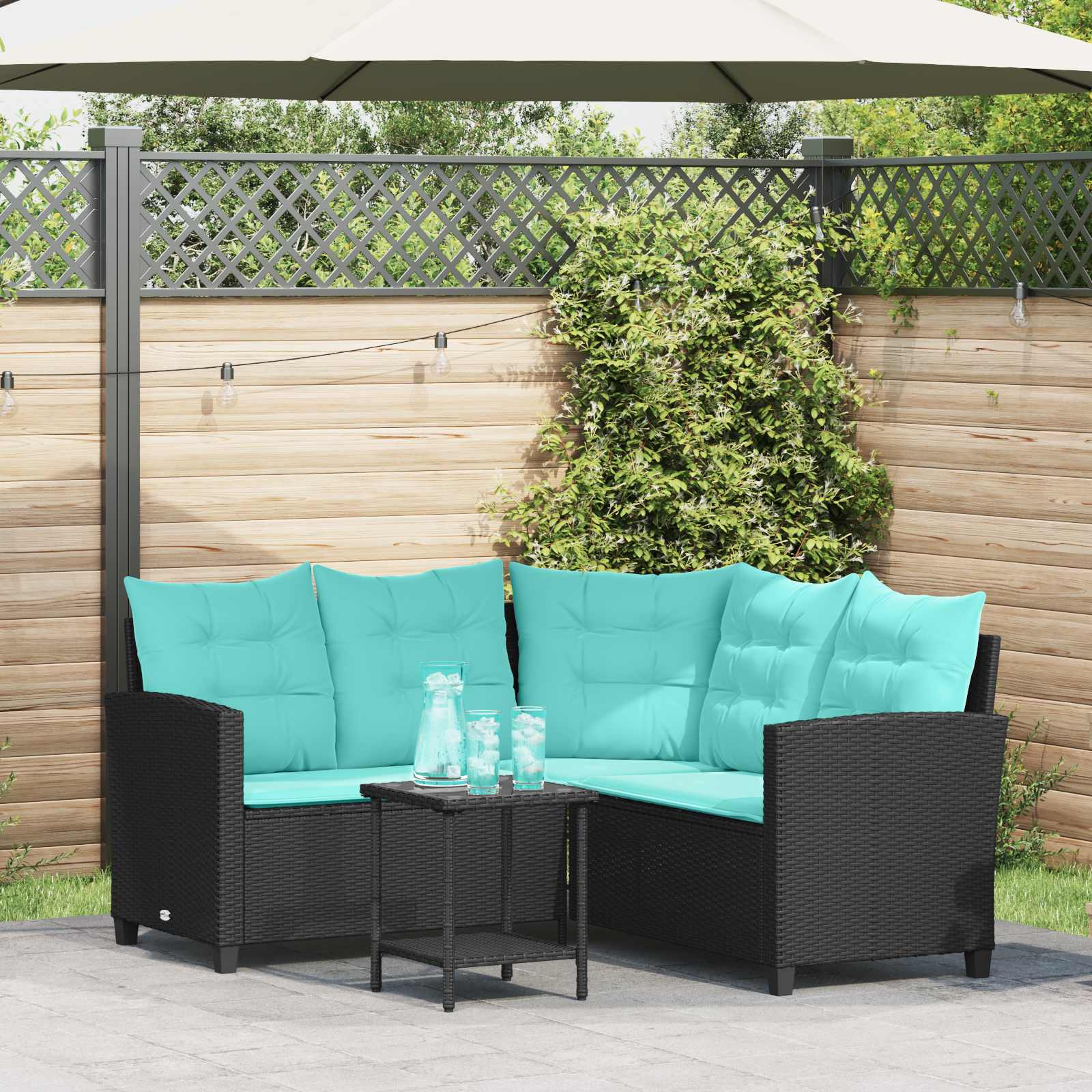 vidaXL Garten-Sofa mit Kissen 2 pcs Schwarz und Türkis Poly Rattan