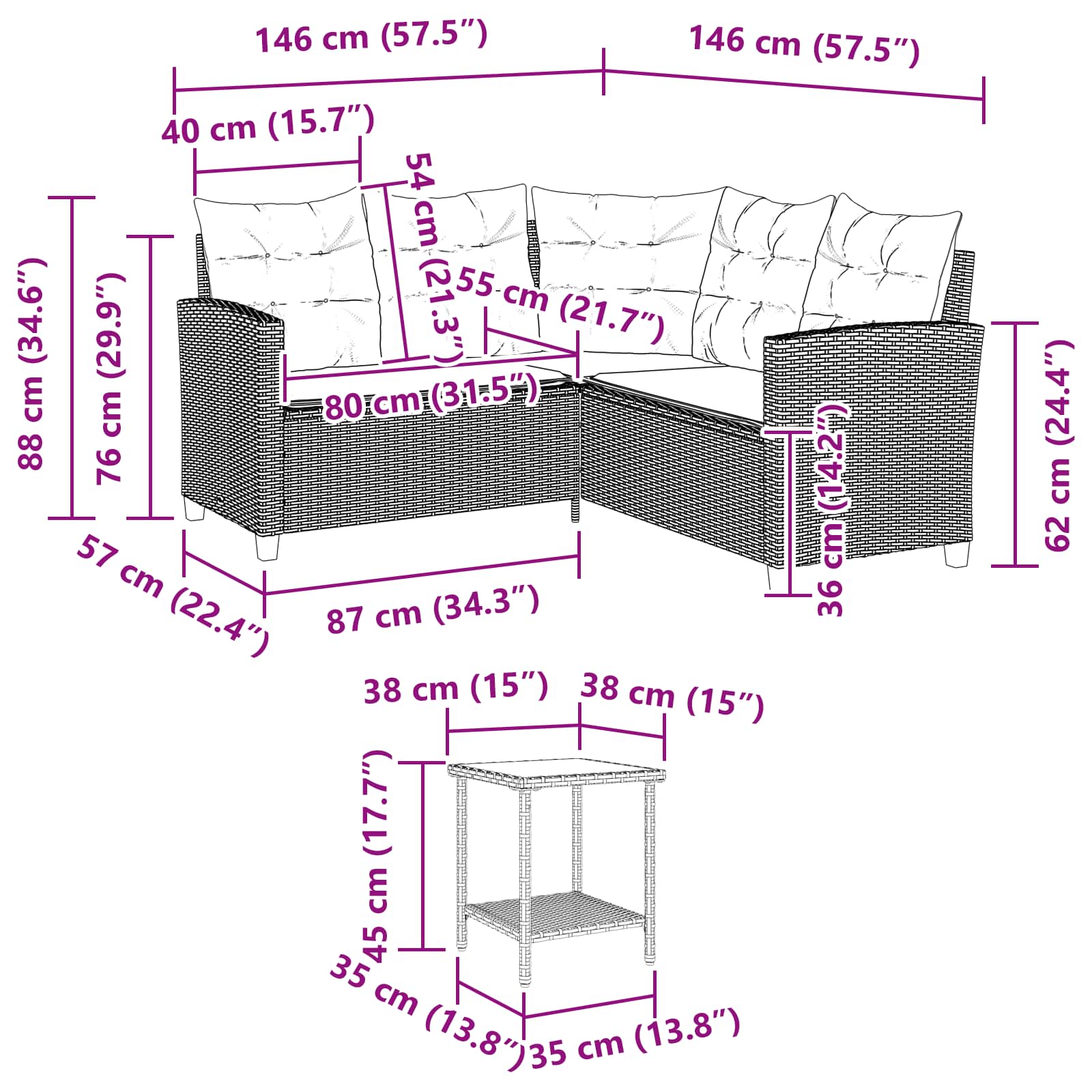 Vrtni kavč z blazino s polico 2 pcs Črna in turkizna Poly ratan - slika 11