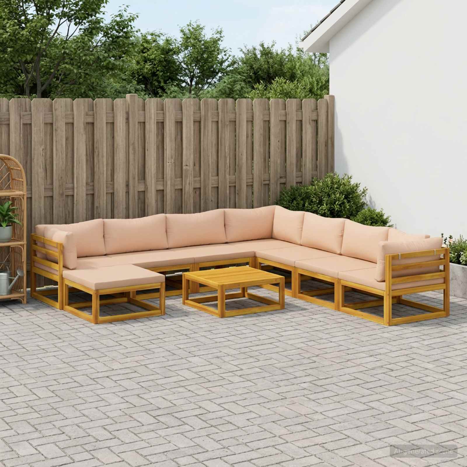 Sofa sæt 9 stk. i massivt akacietræ naturfarvet med beige hynder