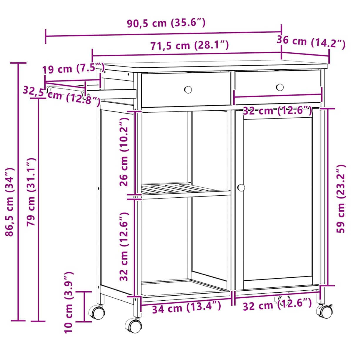 Køkkenvogn med hjul Naturfarvet 90,5 x 36 x 86,5 cm Bambus - Billede 11