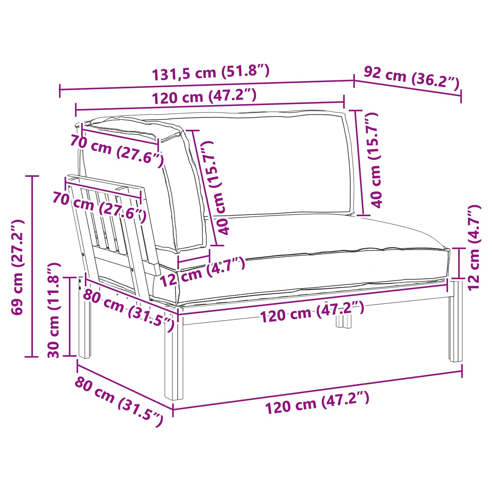 Bankstel met kussen Grijs 131,5 x 92 x 69 cm Massief Acaciahout image 13