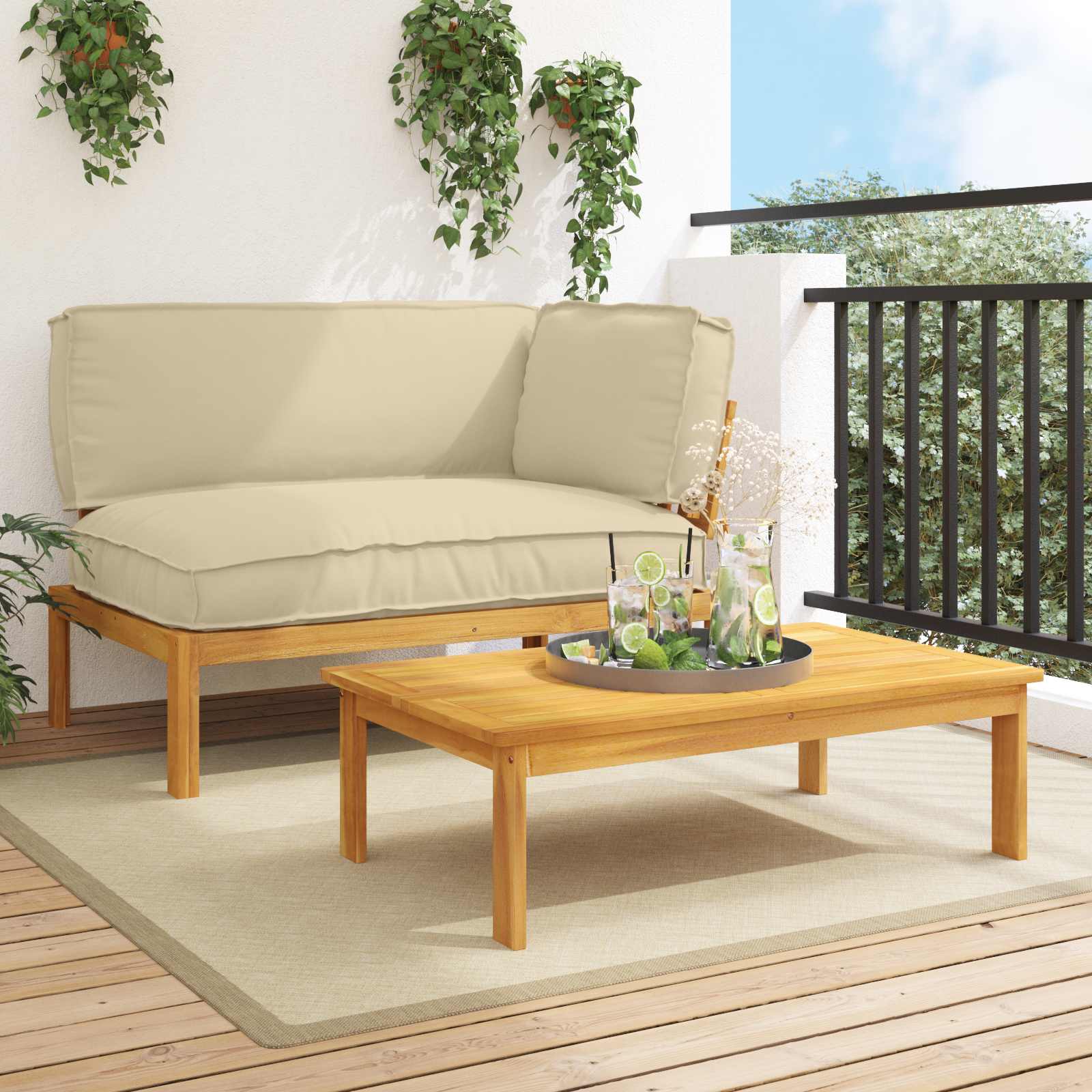 Bankstel met kussen Effen 2 pcs Beige Massief Acaciahout image 1
