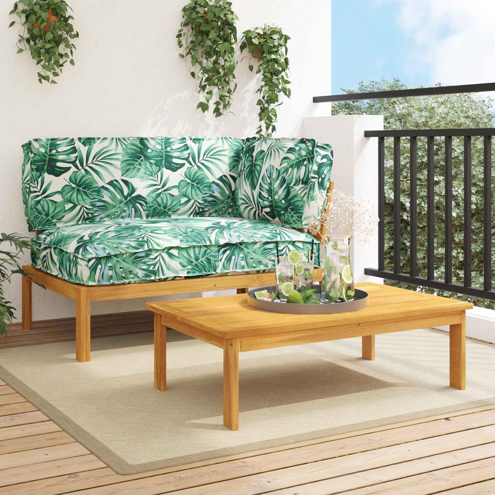 vidaXL Sofa Set mit Kissen Blatt 2 pcs Blattmuster Massivholz Akazie