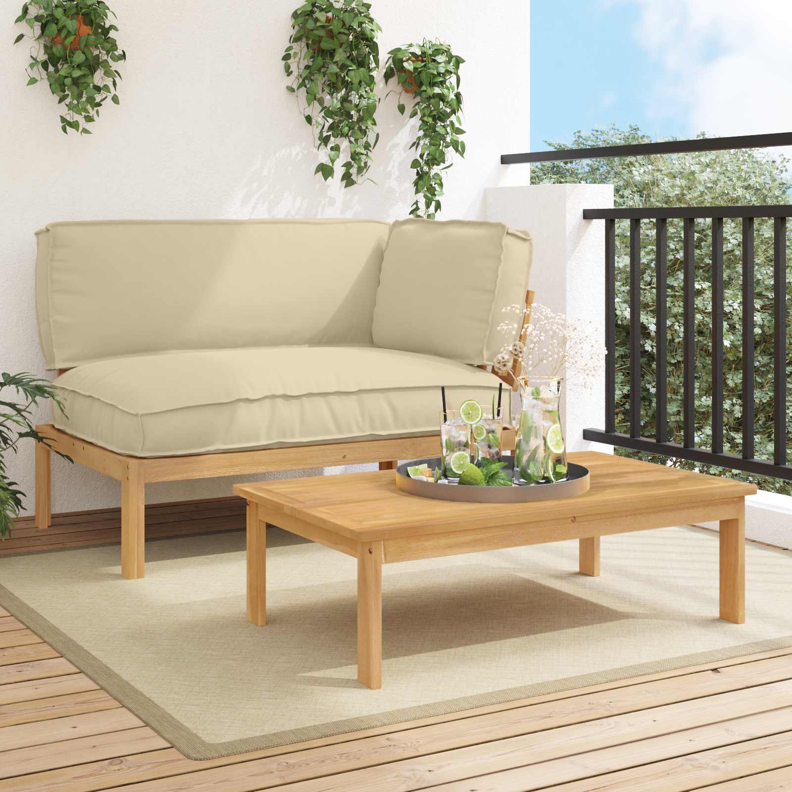 Bankstel met kussen Effen 2 pcs Beige Massief Acaciahout image 1