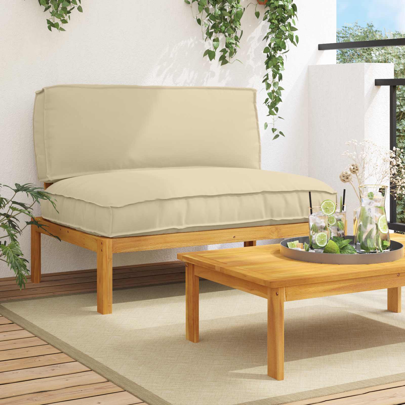Bankstel met kussen Beige 120 x 92 x 69 cm Massief Acaciahout image 1