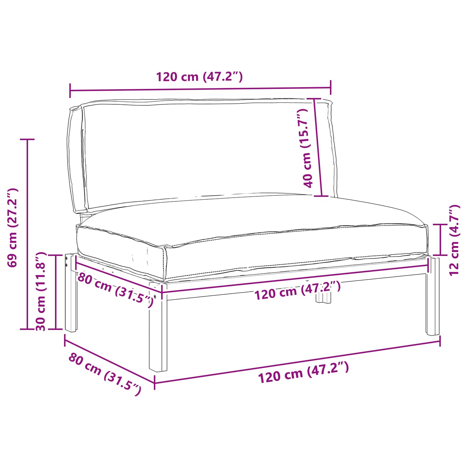 Bankstel met kussen Zwart 120 x 80 x 69 cm Massief Acaciahout image 12
