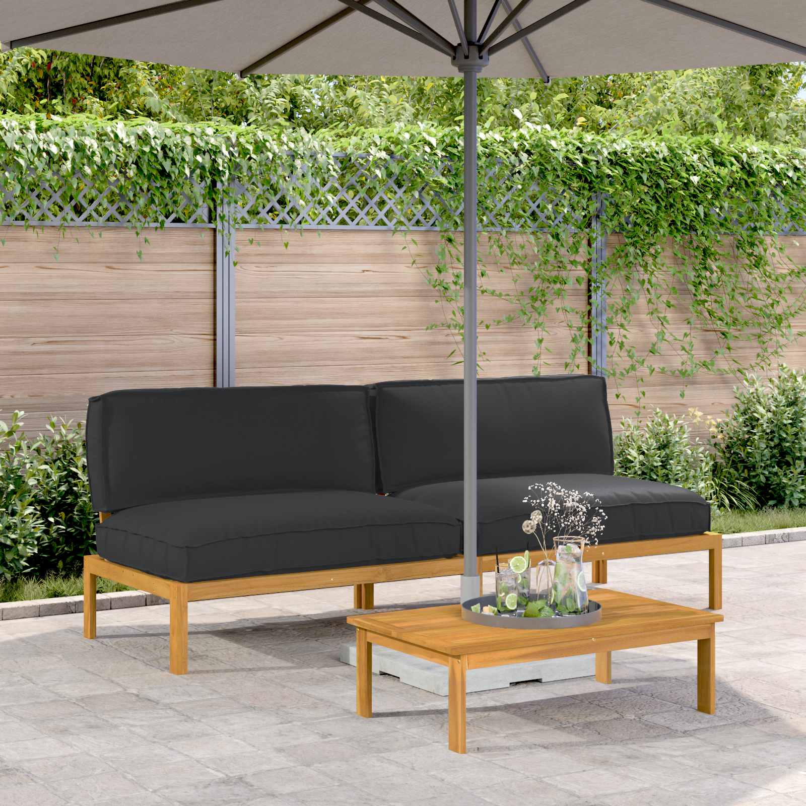 Bankstel met kussen Effen 2 pcs Zwart Massief Acaciahout image 1