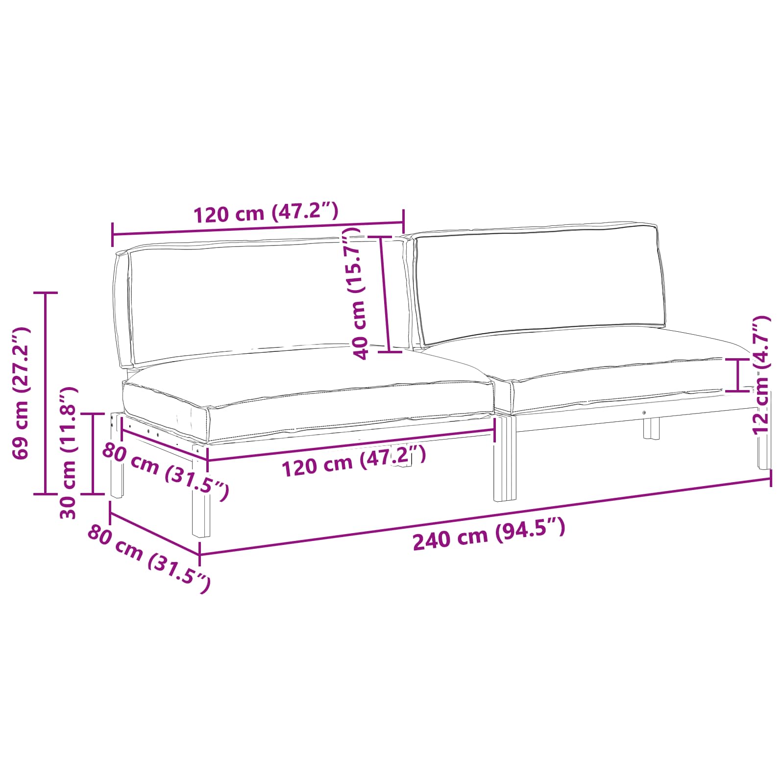 Bankstel met kussen Crème 240 x 80 x 69 cm Massief Acaciahout image 12