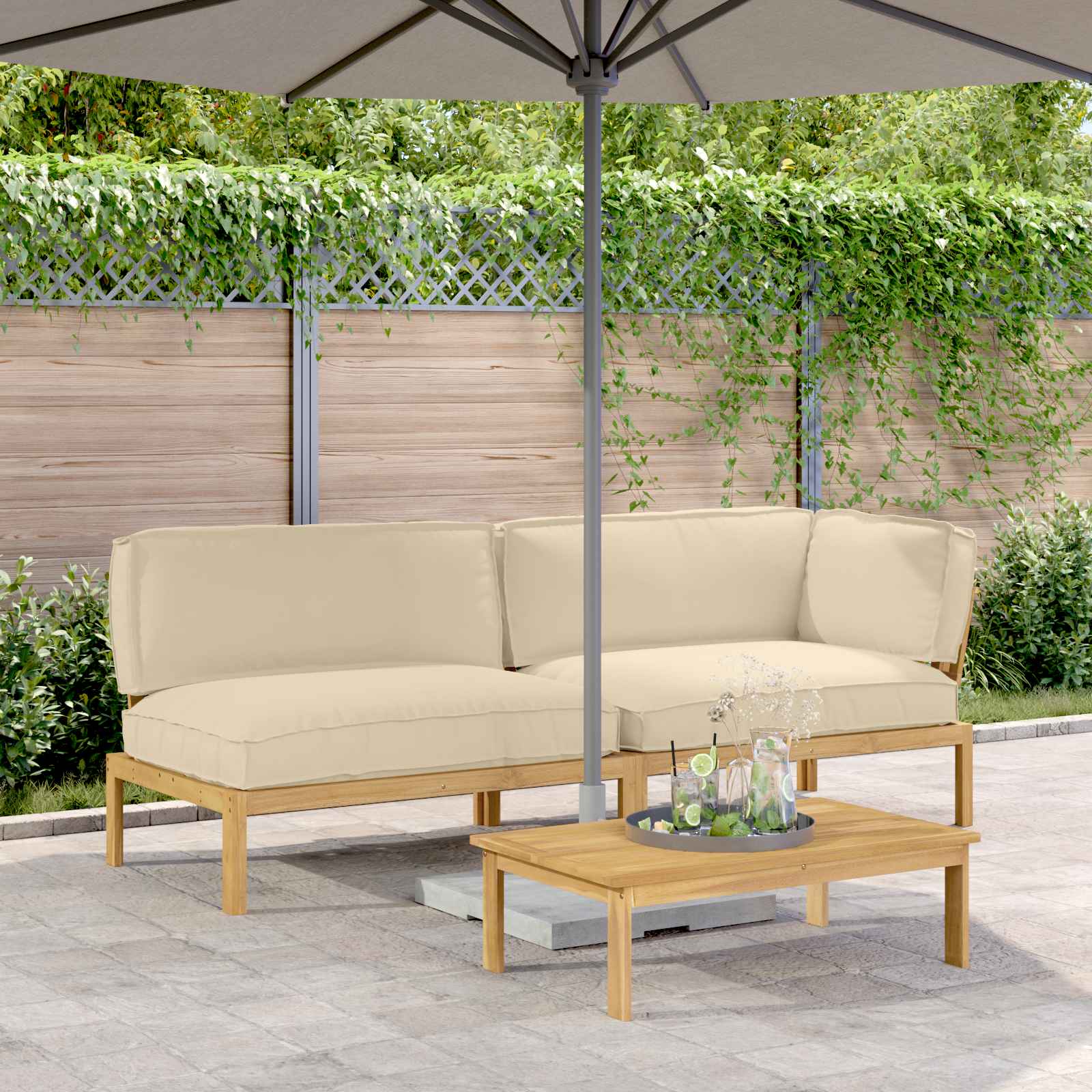Bankstel met kussen Effen 3 pcs Beige Massief Acaciahout image 1