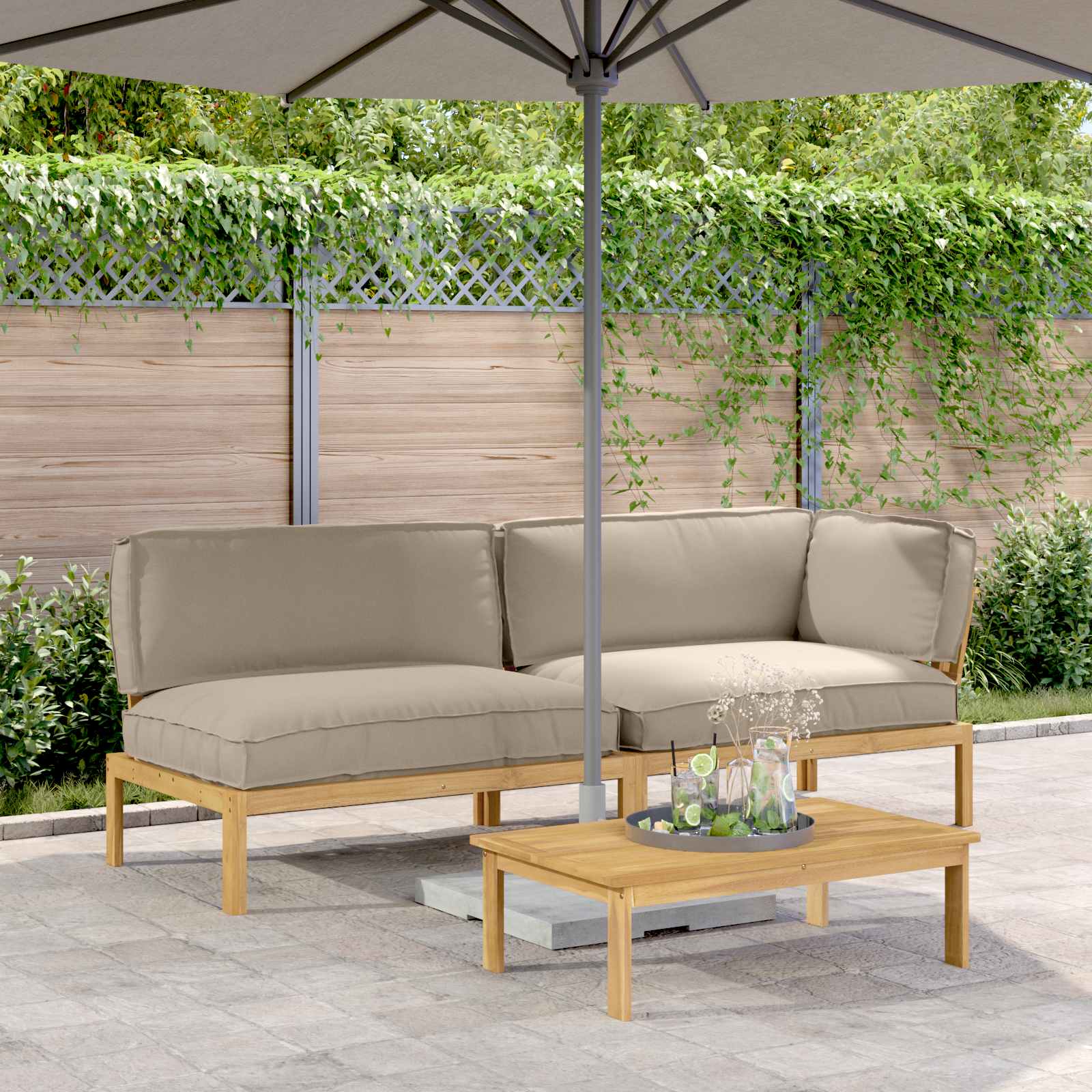 Bankstel met kussen Effen 3 pcs Taupe Massief Acaciahout image 1