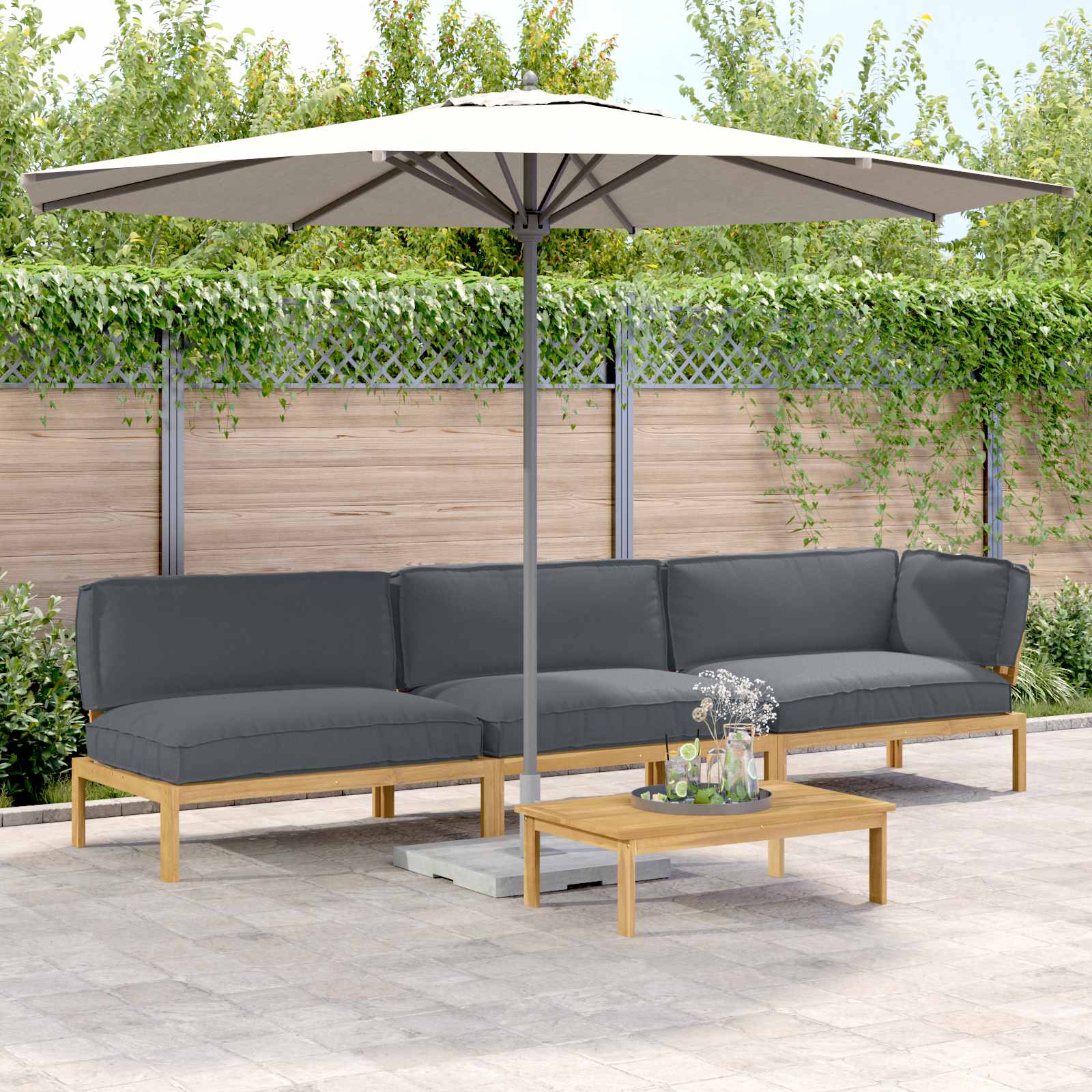 Bankstel met kussen Effen 4 pcs Antraciet Massief Acaciahout image 1