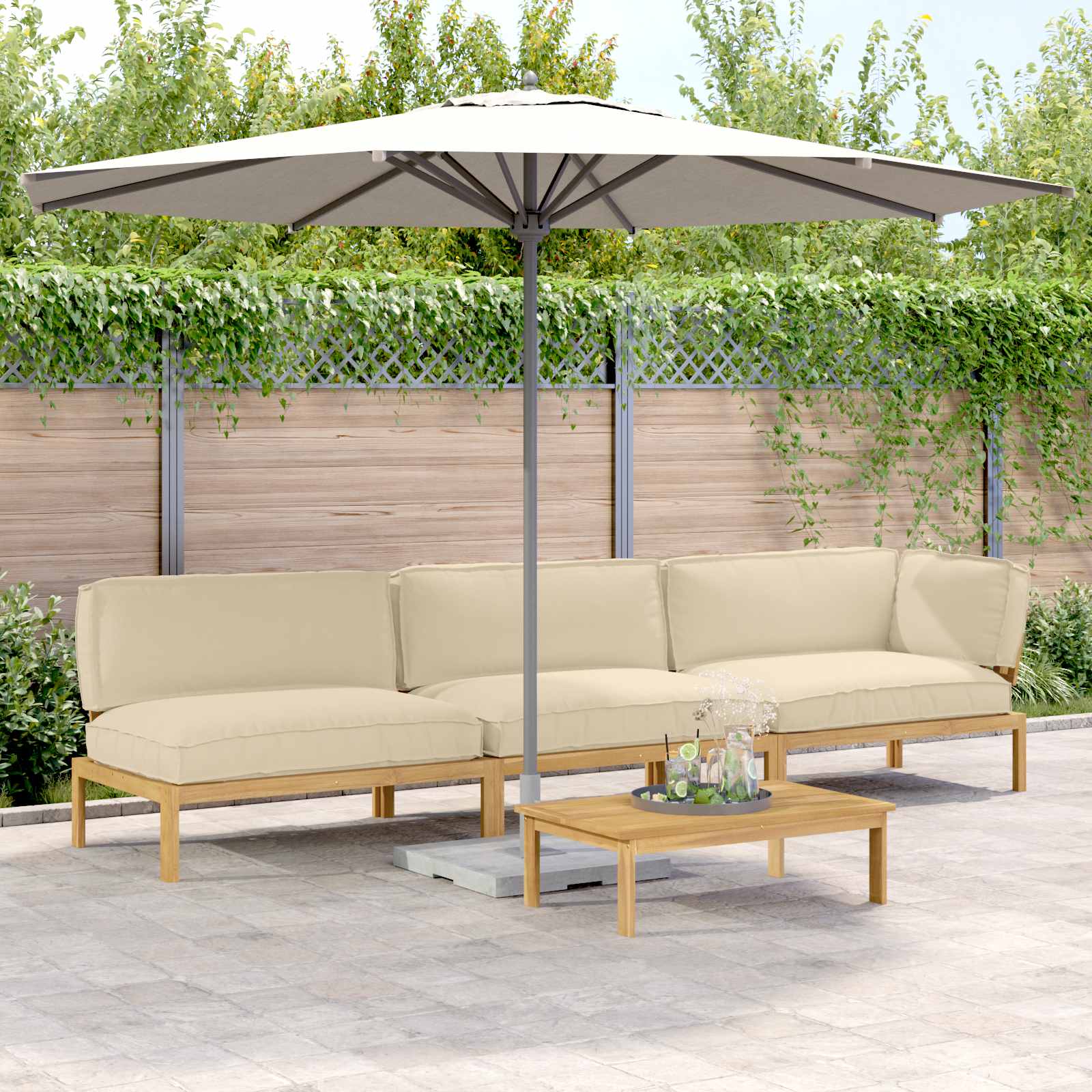 Bankstel met kussen Effen 4 pcs Beige Massief Acaciahout image 1