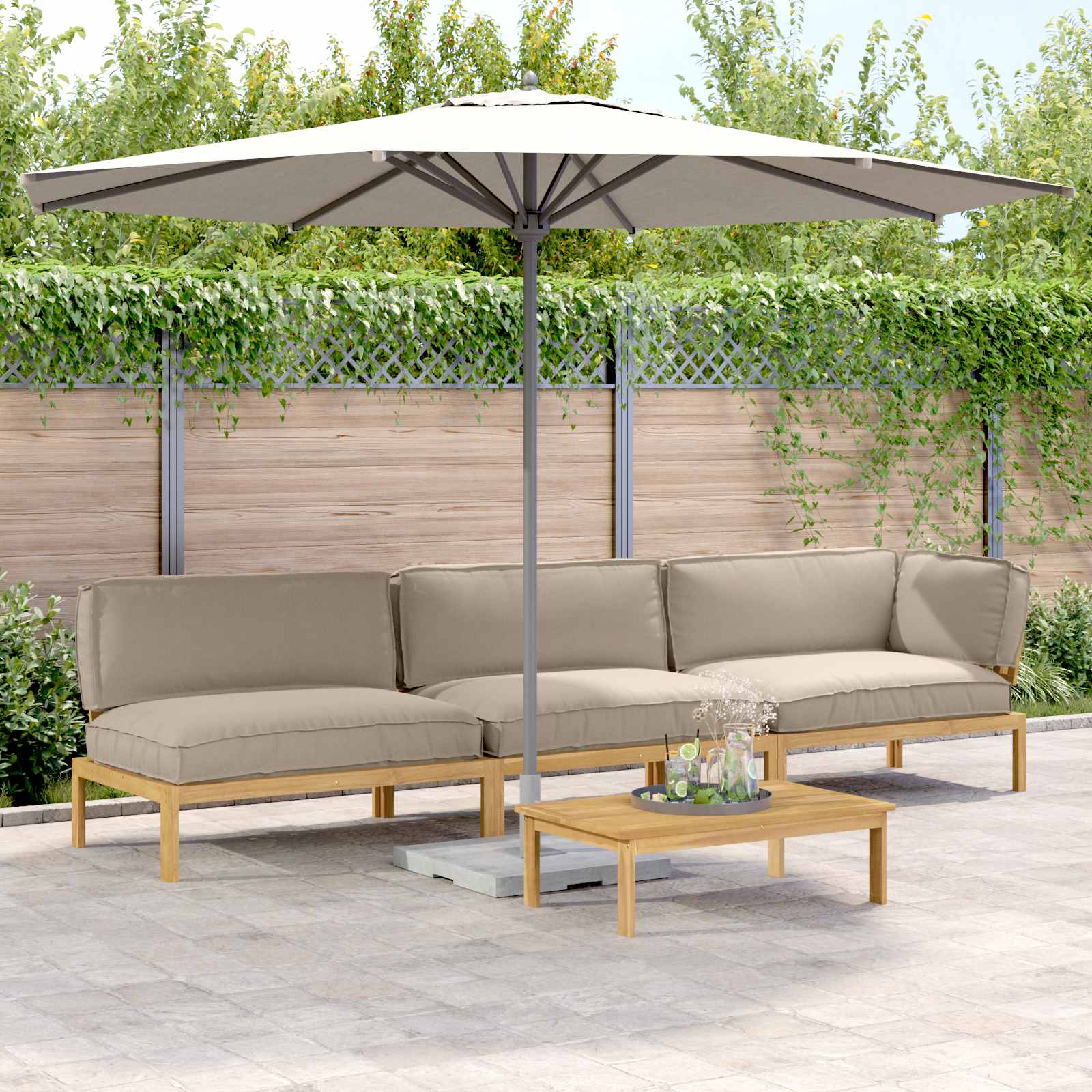 Bankstel met kussen Effen 4 pcs Taupe Massief Acaciahout image 1