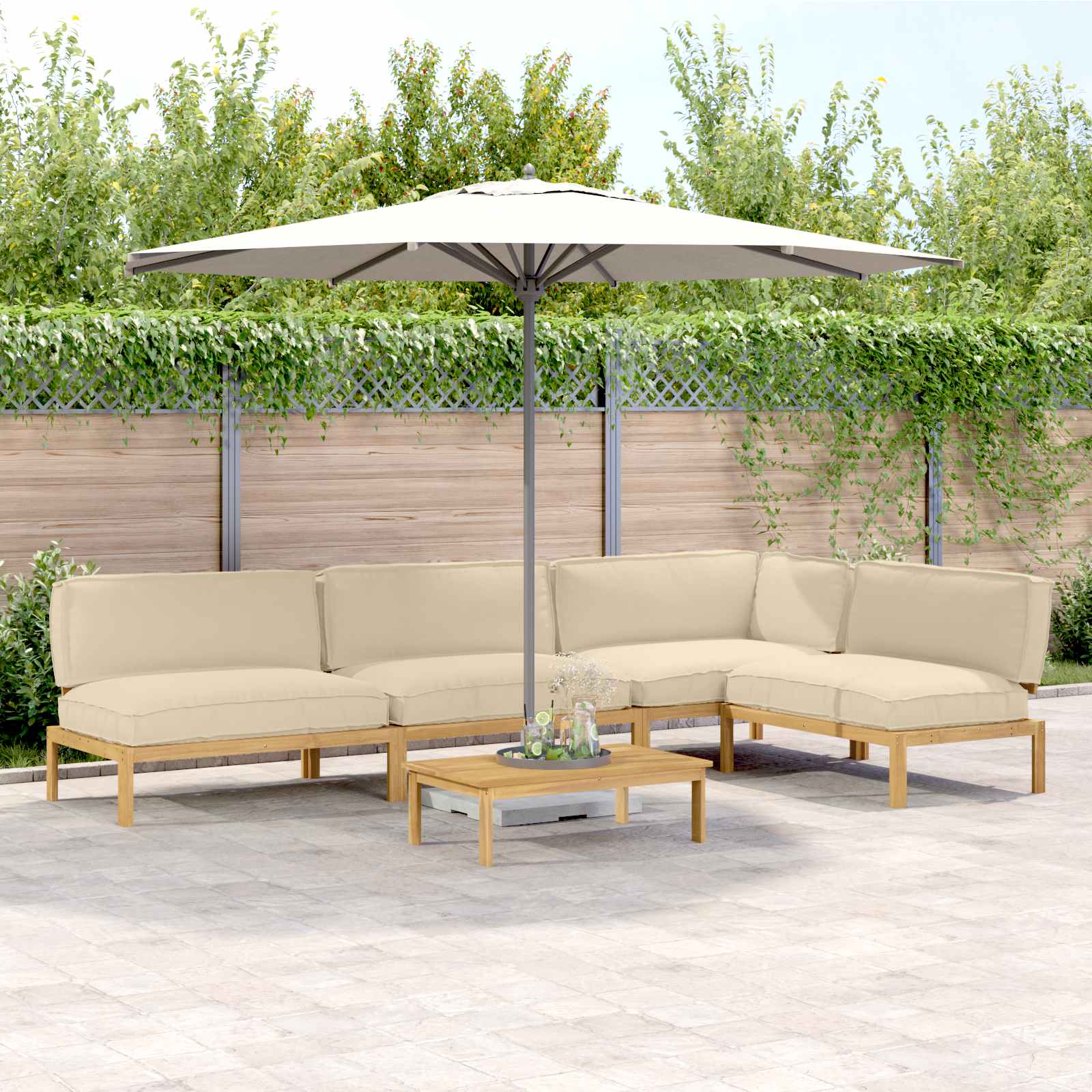 Bankstel met kussen Effen 5 pcs Beige Massief Acaciahout image 1